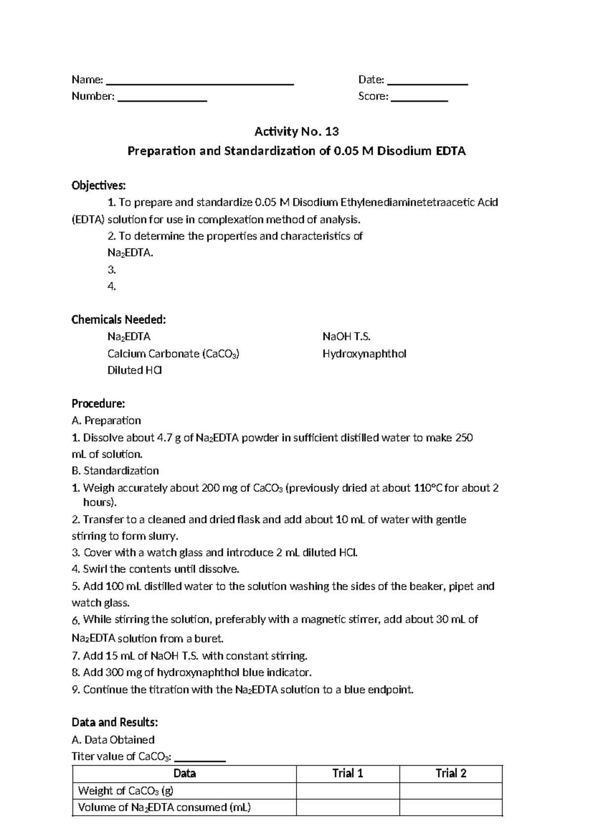 Anachem 13 - Laboratory Manuals for analytical Chemistry - Name: Date ...