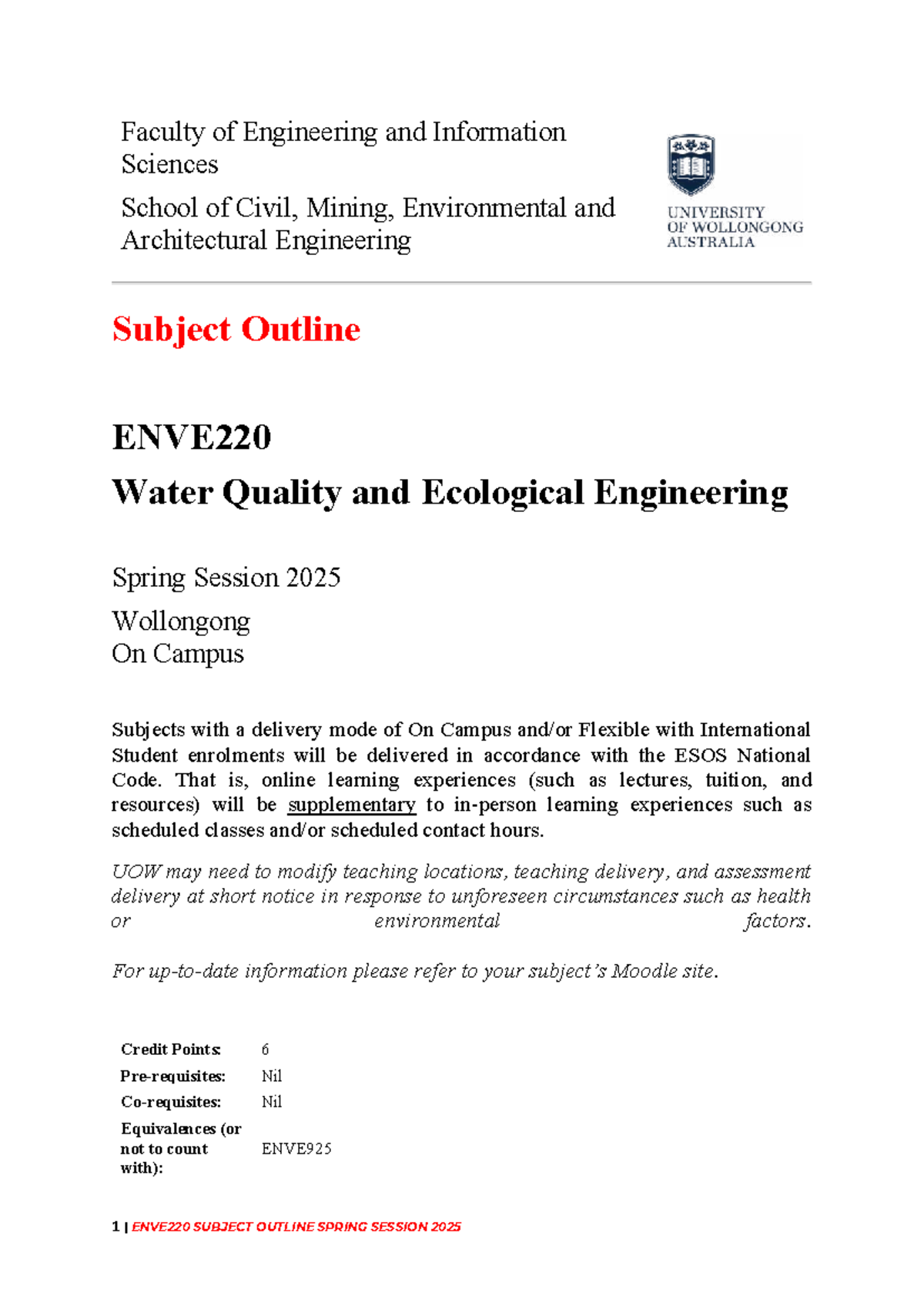 ENVE220 Subject Outline: Water Quality & Ecological Engineering ...