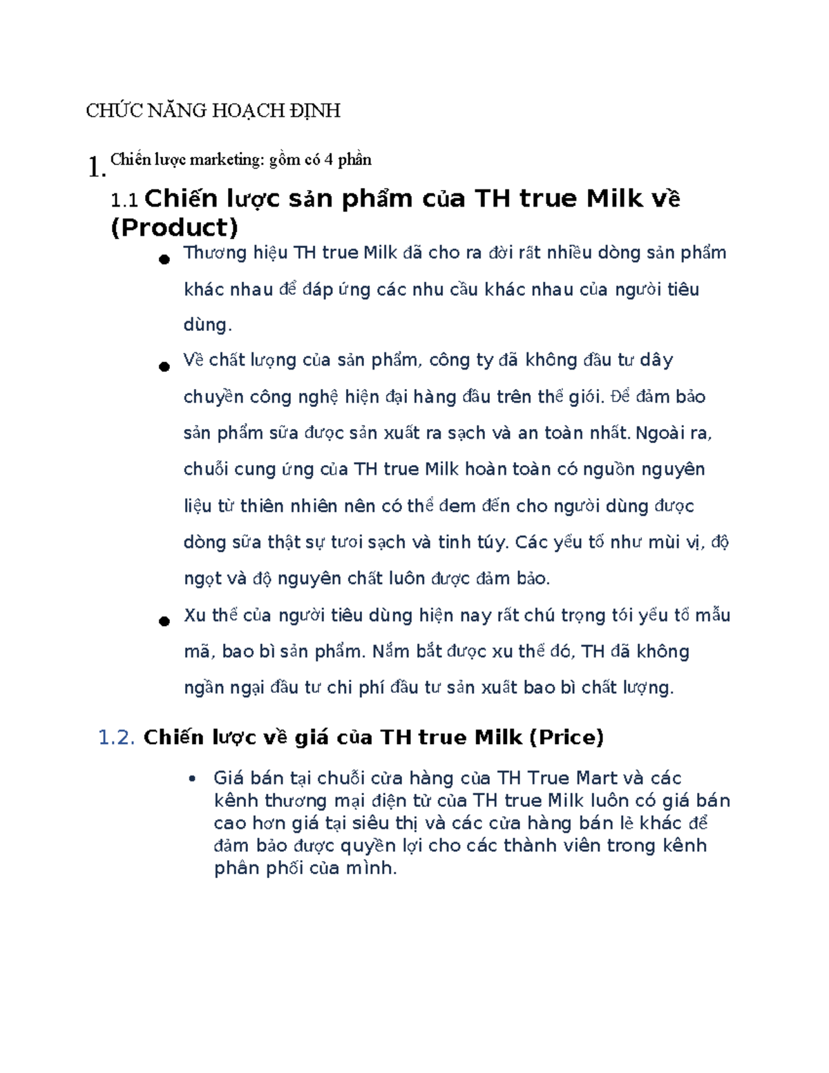 Chức Năng Hoạch Định Chiến Lược Marketing của TH True Milk - Studocu