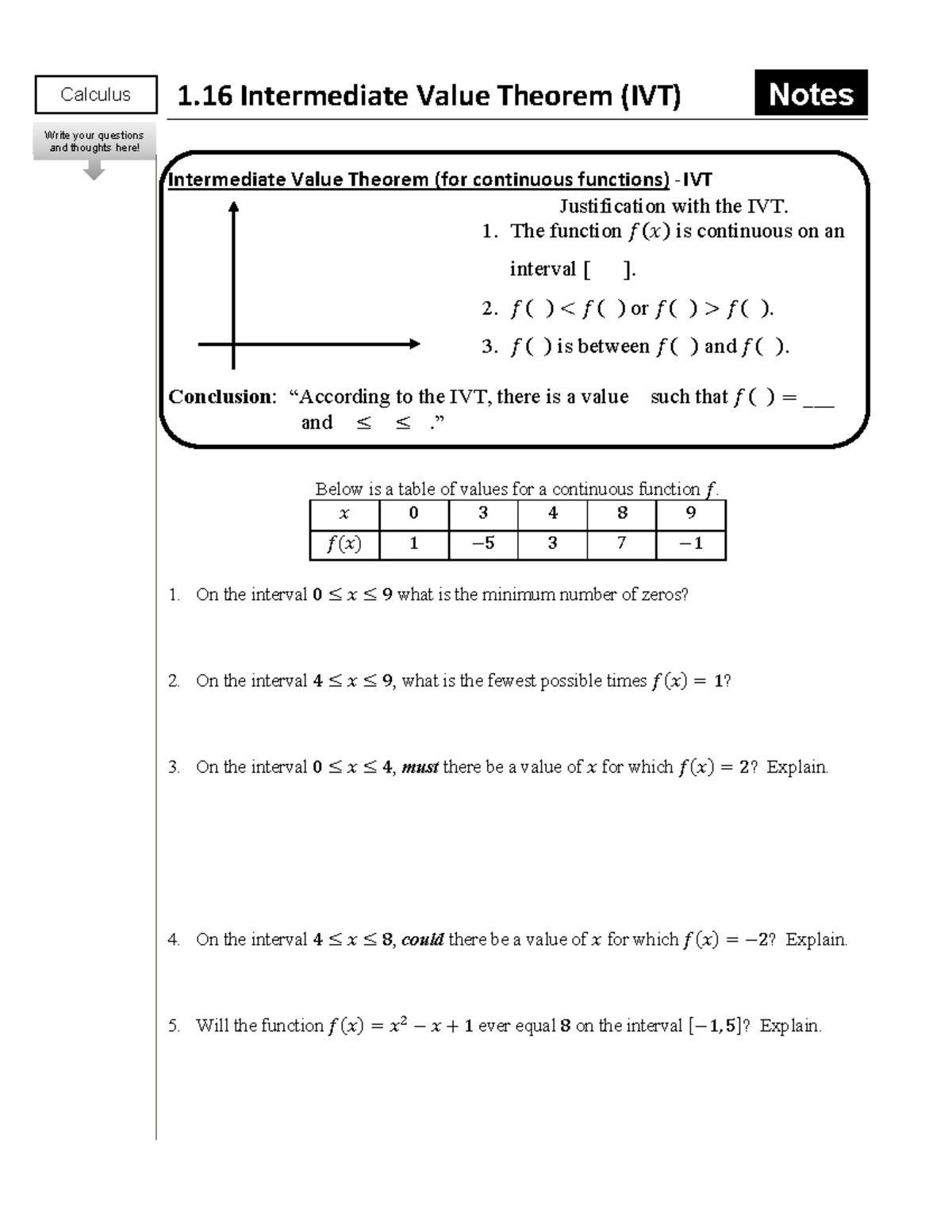 Calculus Notes 1.16: Understanding the Intermediate Value Theorem (IVT ...