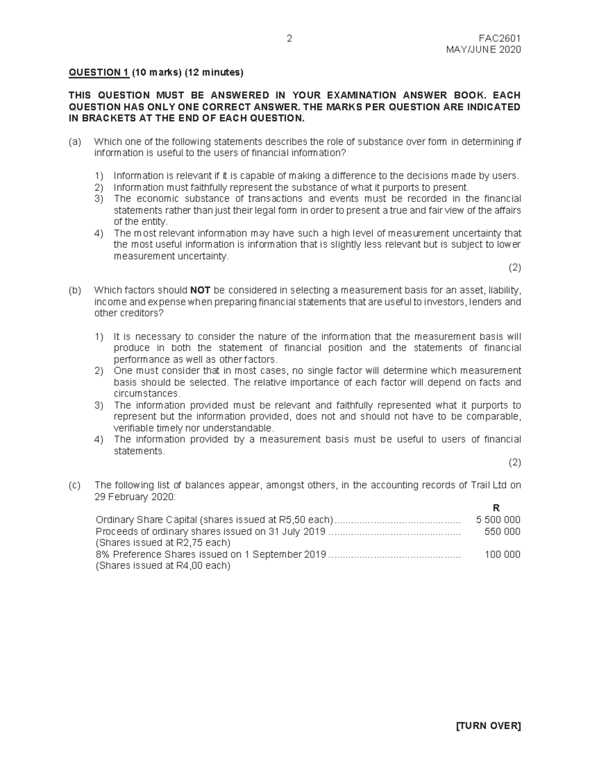 FAC 2601 - FINAL EXAM S1 2020 Q1 & Q2 Financial Reporting Questions ...