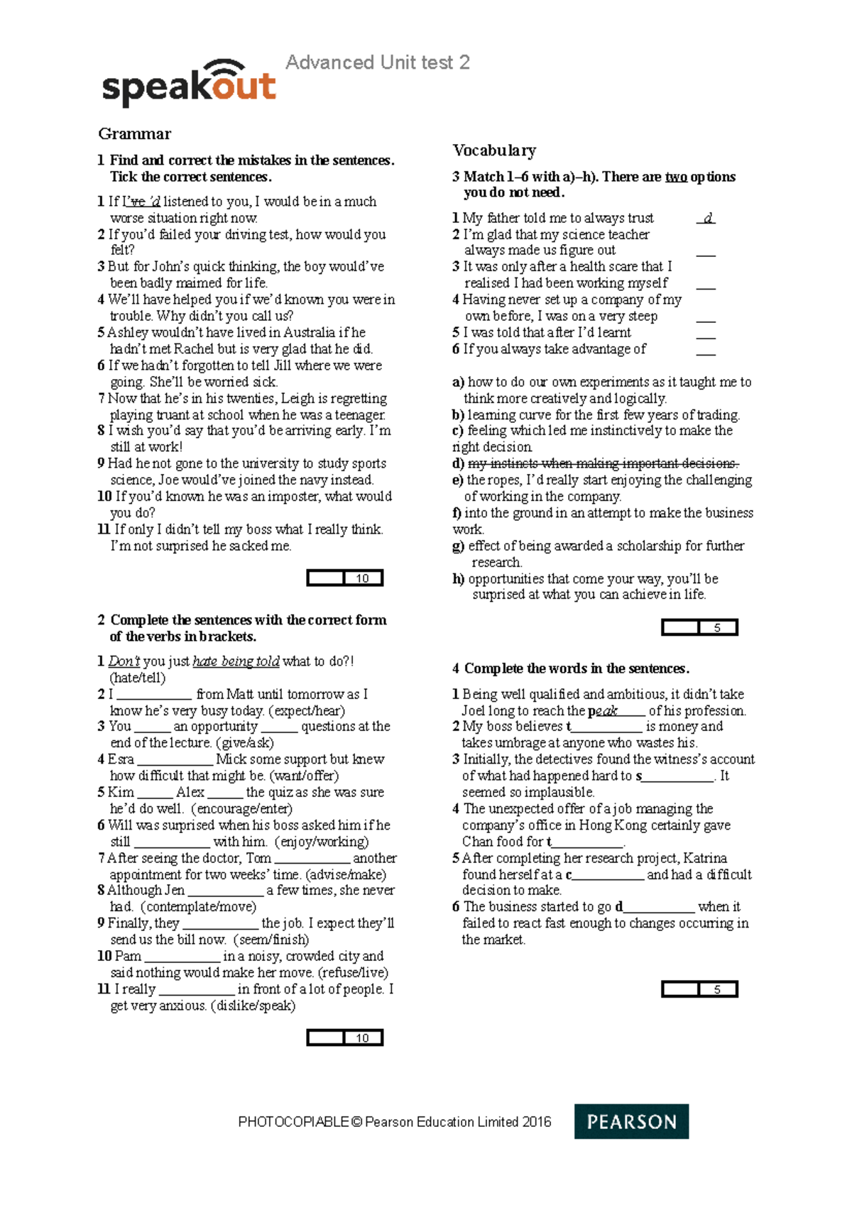 03. Advanced Unit Test 2 - Grammar, Vocabulary & Function - Studocu