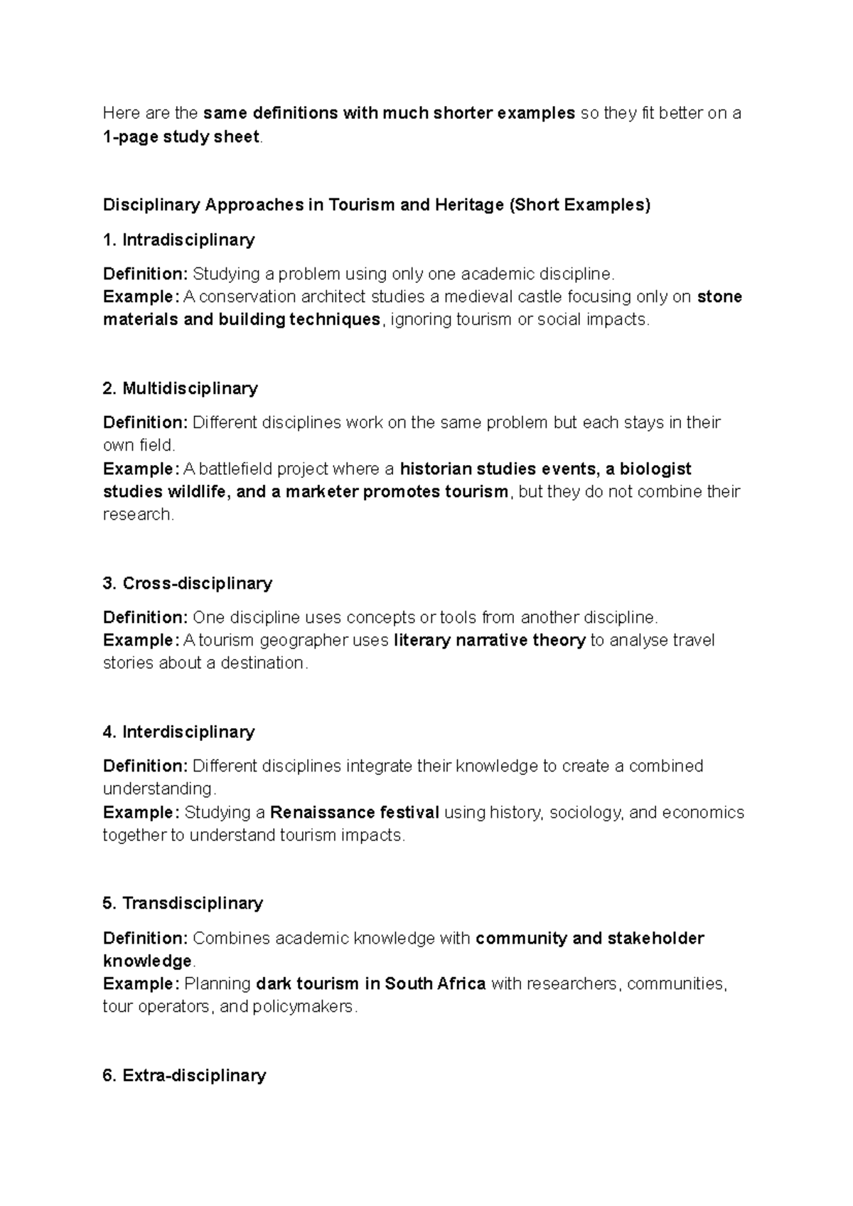 Disciplinary Approaches in Tourism and Heritage (Short Examples) - Test ...