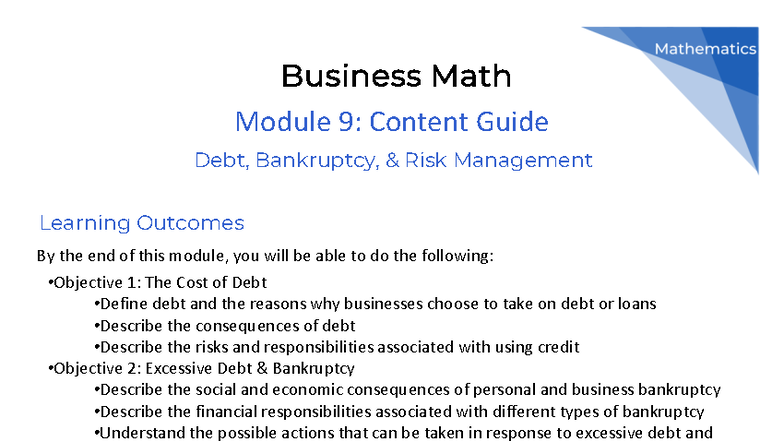 Business Math 09MCG: Debt, Bankruptcy & Risk Management Guide - Studocu