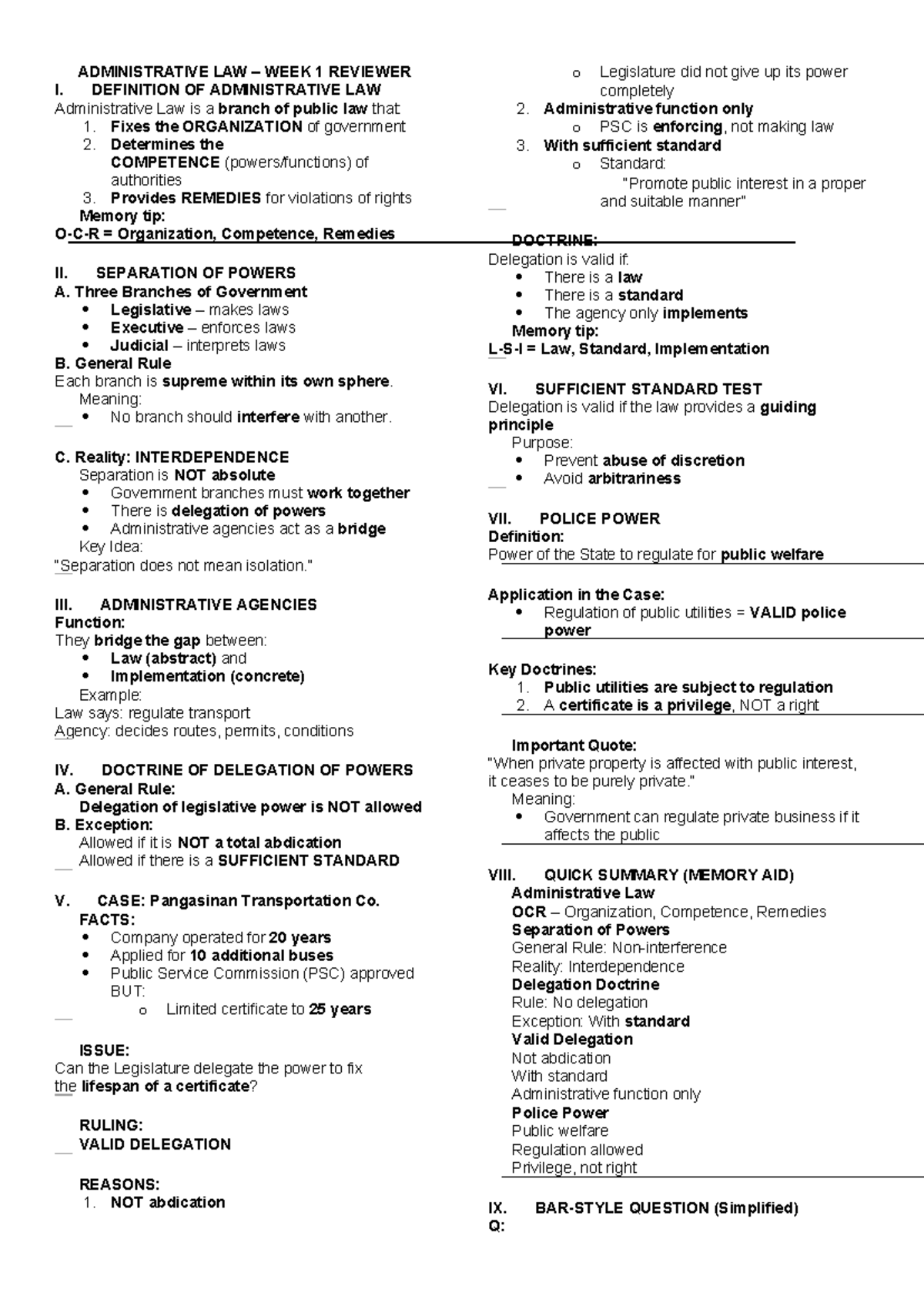 ADMINISTRATIVE LAW WEEK 1 REVIEWER (ADMIN LAW 101) - Studocu