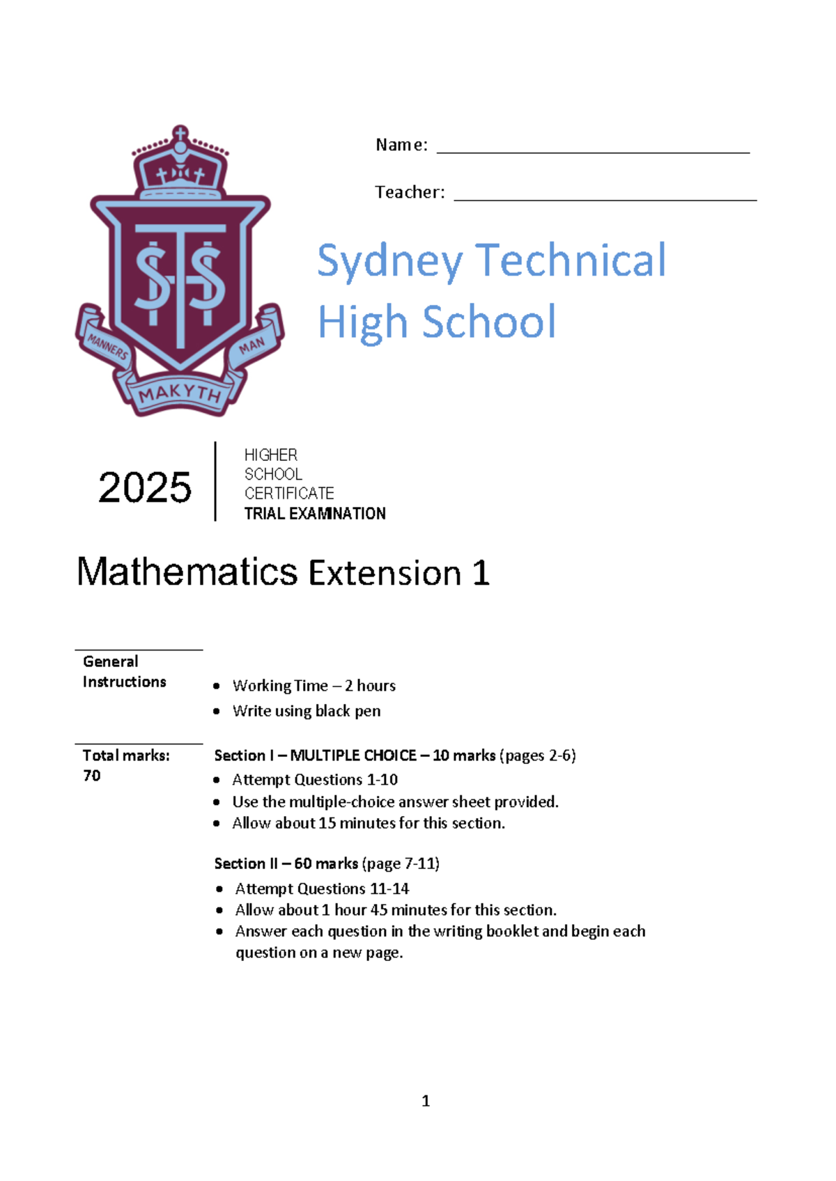 Sydney Tech 2025 HSC Trial Exam Mathematics Extension 1 Solutions - Studocu