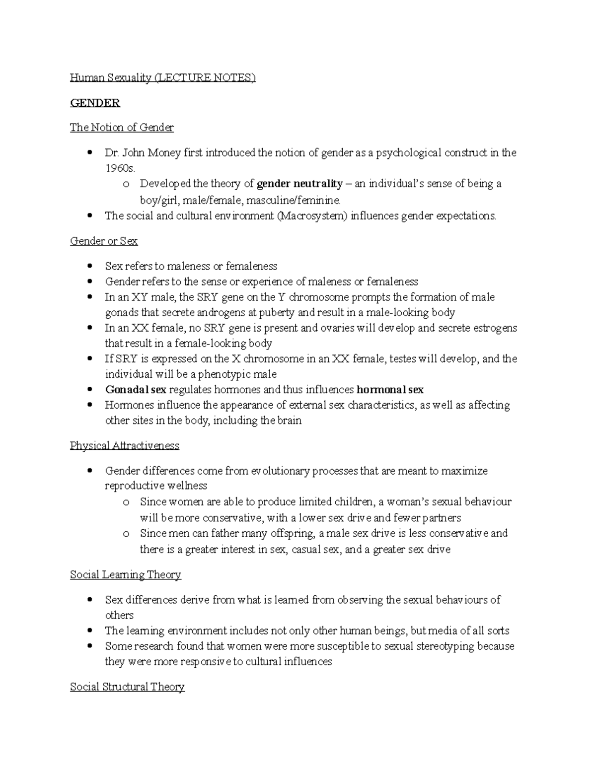 Human Sexuality & Gender Lecture Notes - Week 3 Analysis - Studocu