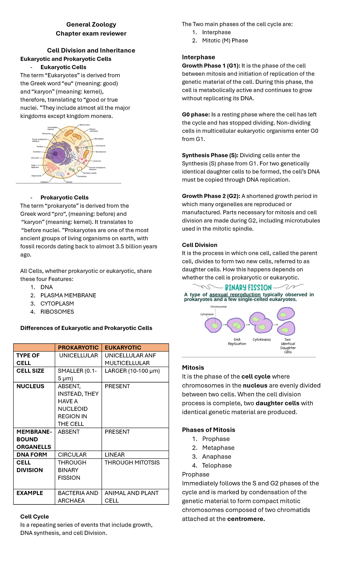 ZOO 101: Final Exam Reviewer on Cell Division and Inheritance - Studocu
