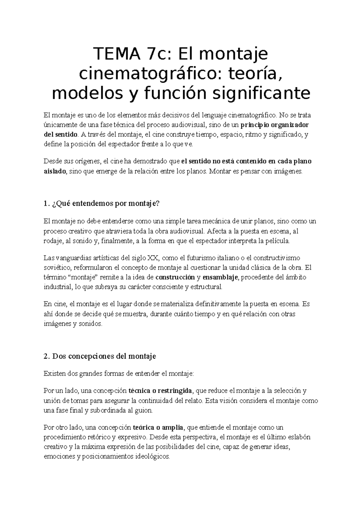 TEMA 7c: El Montaje Cinematográfico - Teoría y Funciones - Studocu