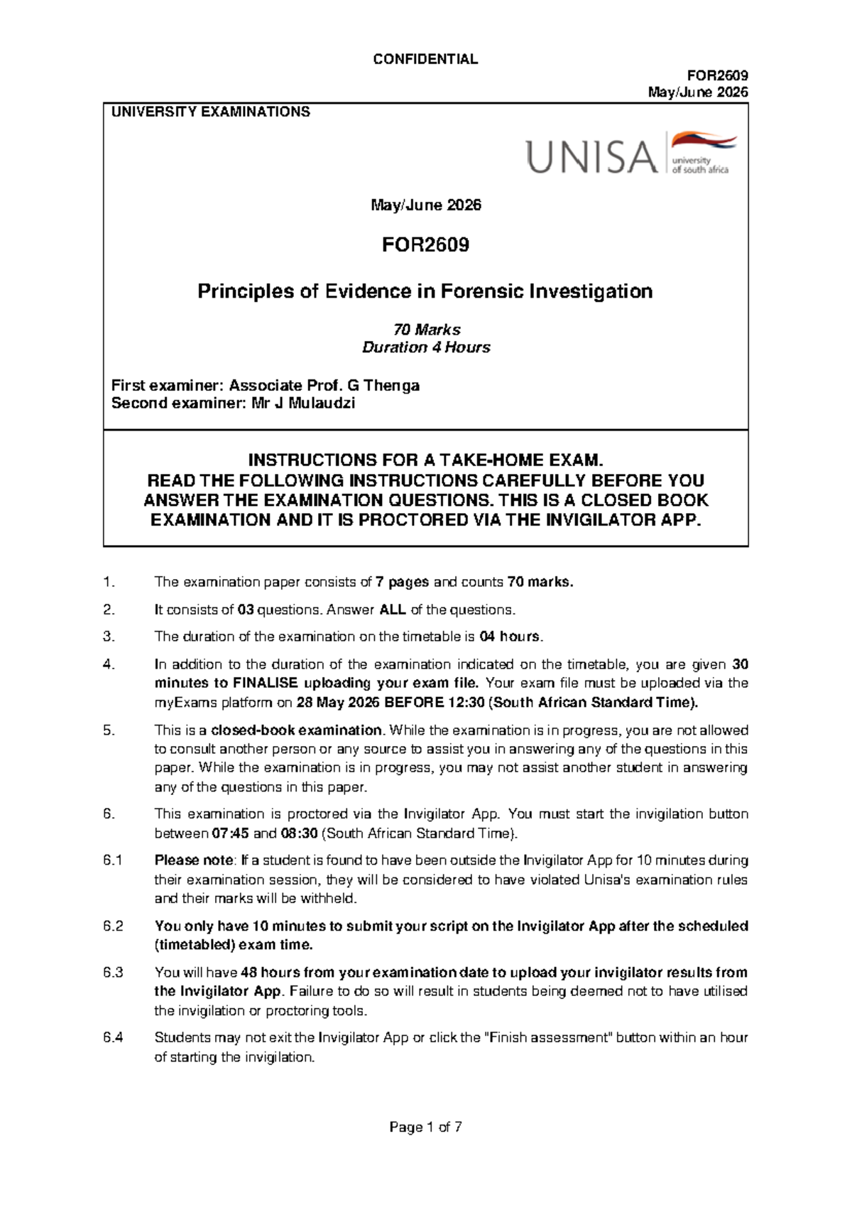 FOR2609 2026 Final Exam Instructions and Guidelines for Evidence ...