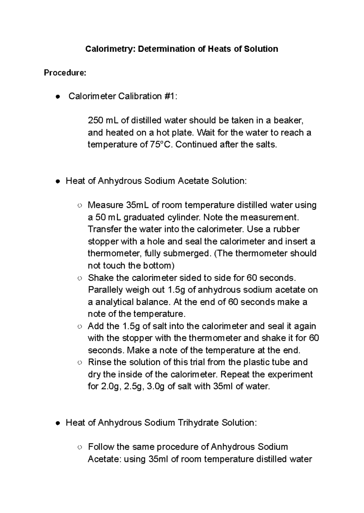 CAL Lab - Calorimetry Report on Heats of Solution Analysis - Studocu