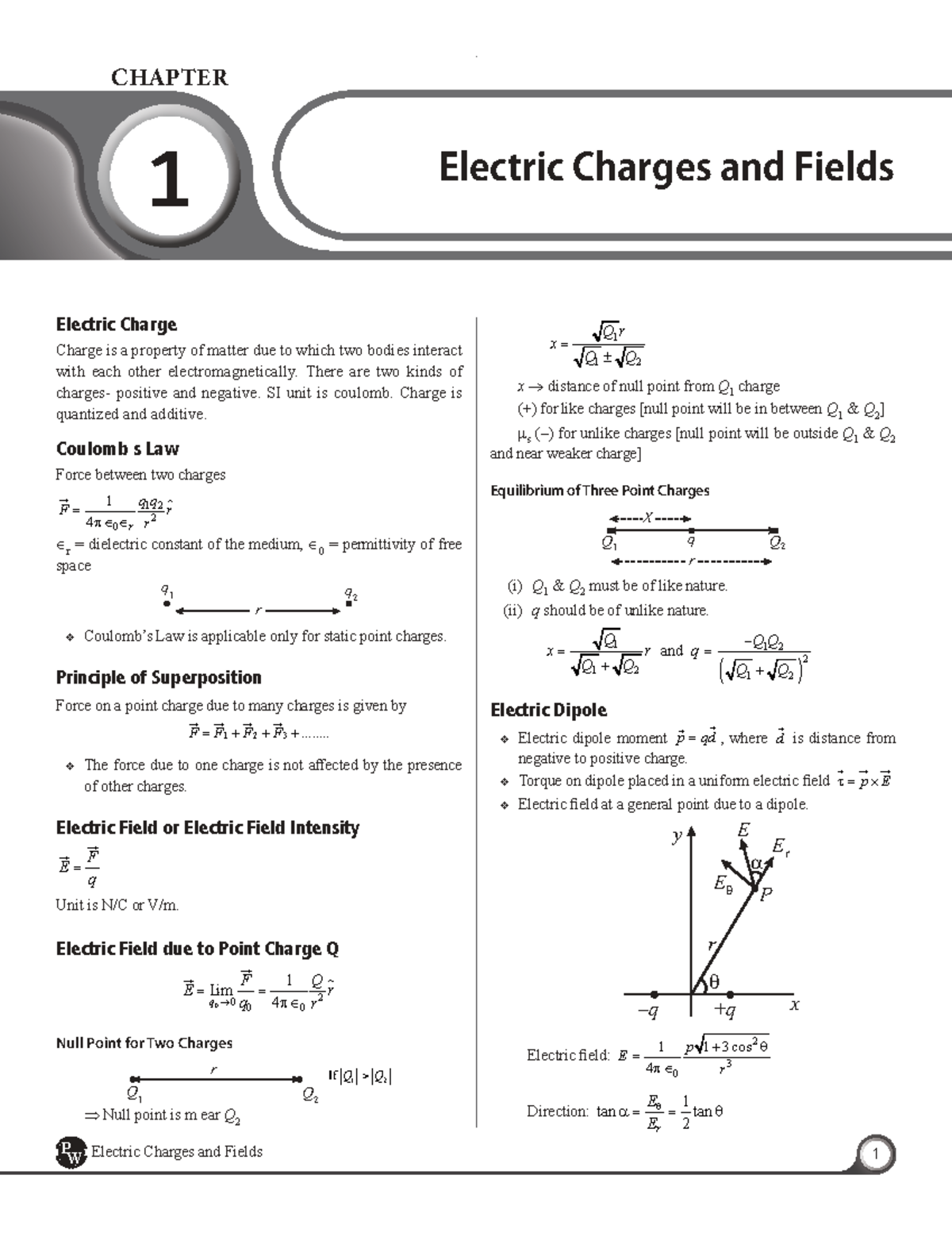 CHAPTER 1 Electric Charges and Fields Short Notes ~ PHYSICS JEE (XII ...