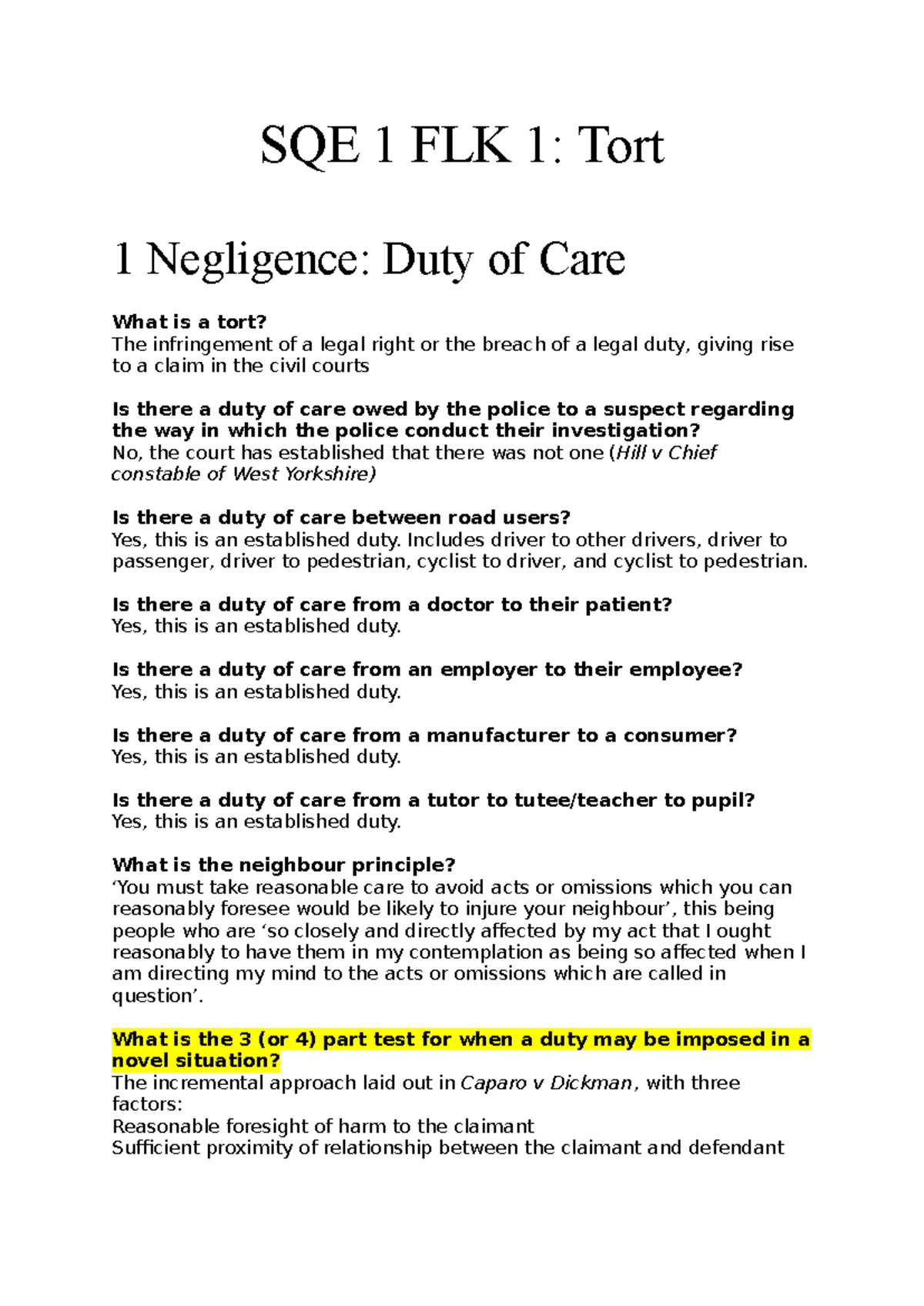 Tort Notes - SQE 1 FLK 1 - SQE 1 FLK 1: Tort 1 Negligence: Duty of Care ...