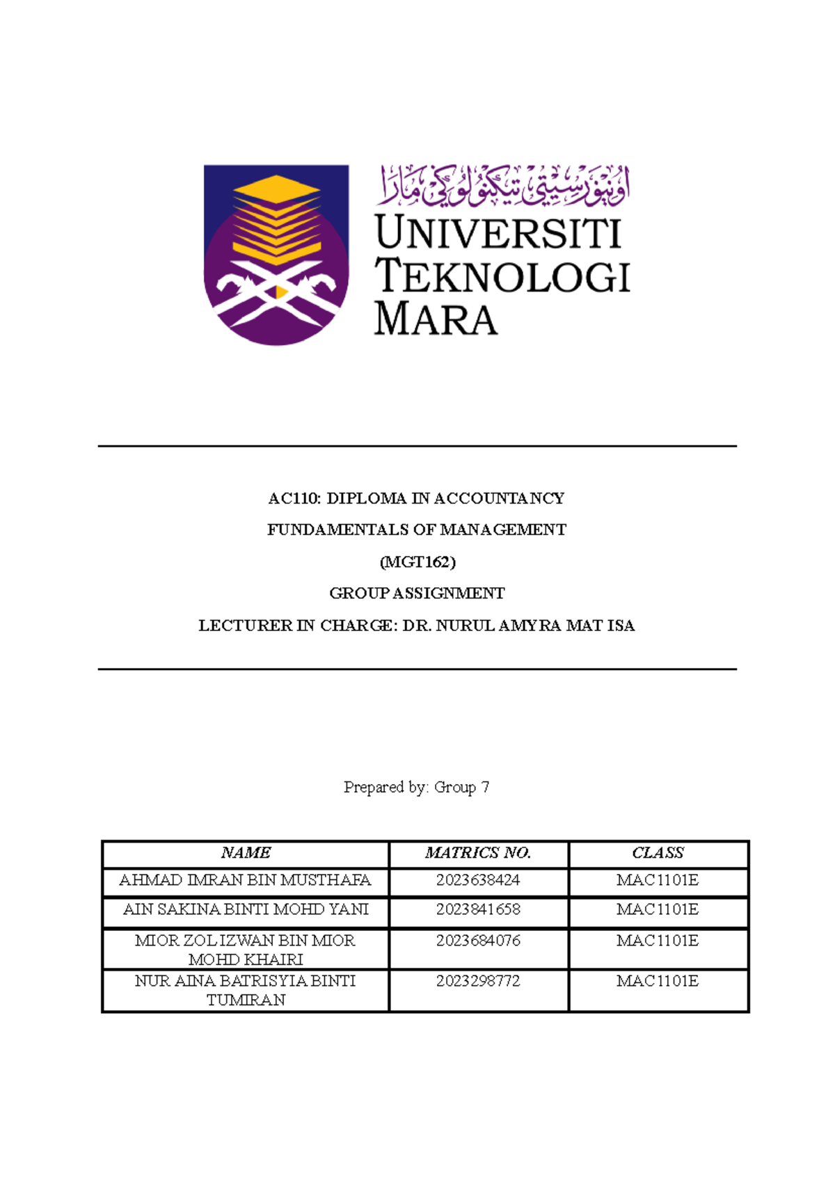 MGT162 Group Assignment - AC110: DIPLOMA IN ACCOUNTANCY FUNDAMENTALS OF ...