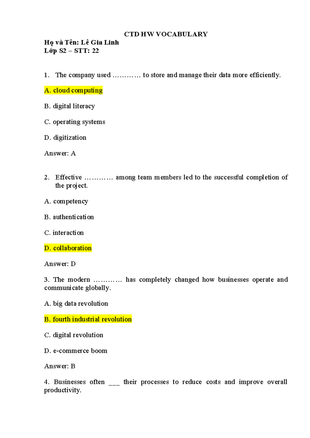 S2 CTD1 Homework: Vocabulary Practice by Le Gia Linh - Studocu