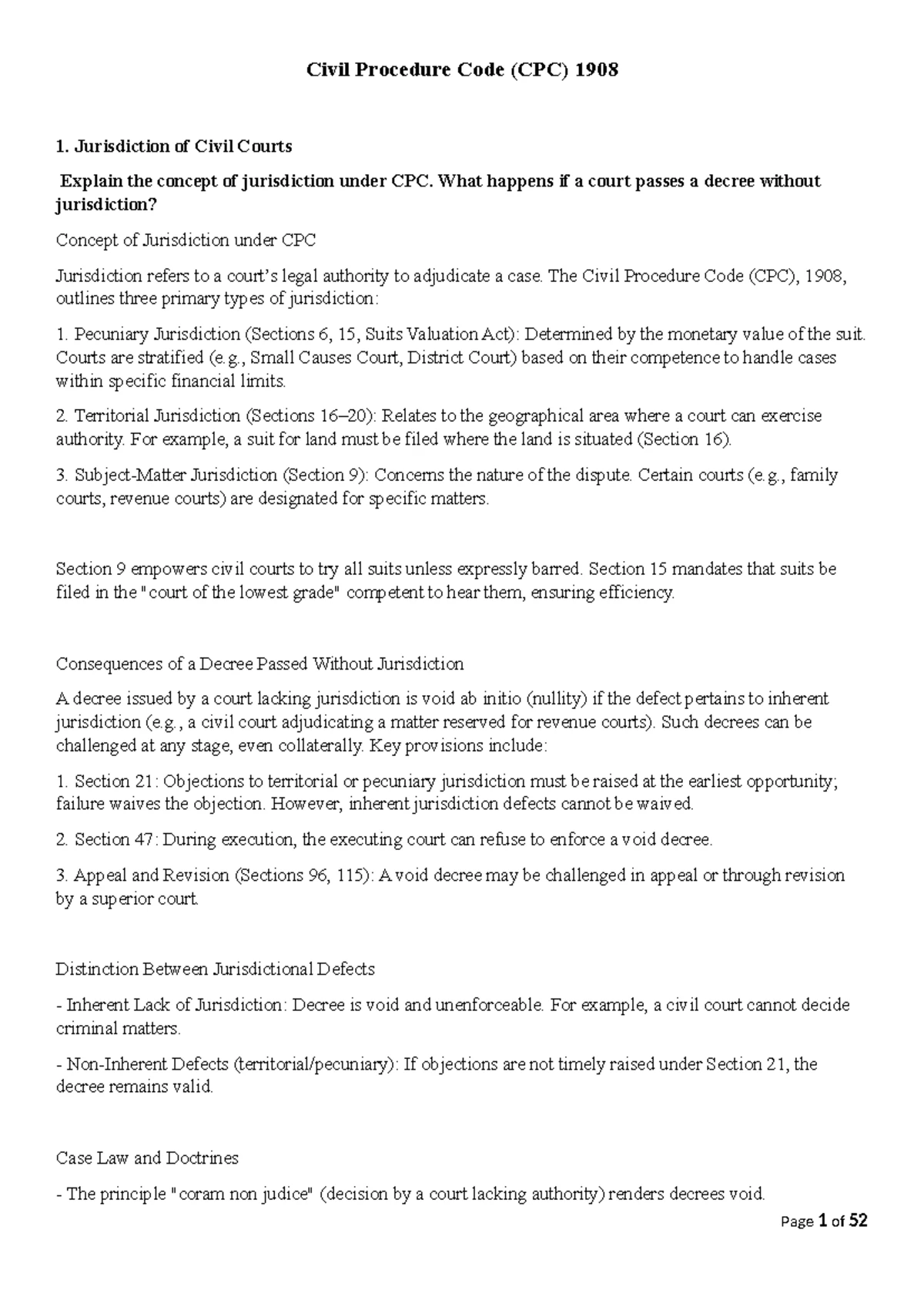 Civil Procedure Code Imp Qsns - Civil Procedure Code (CPC) 1908 1 ...
