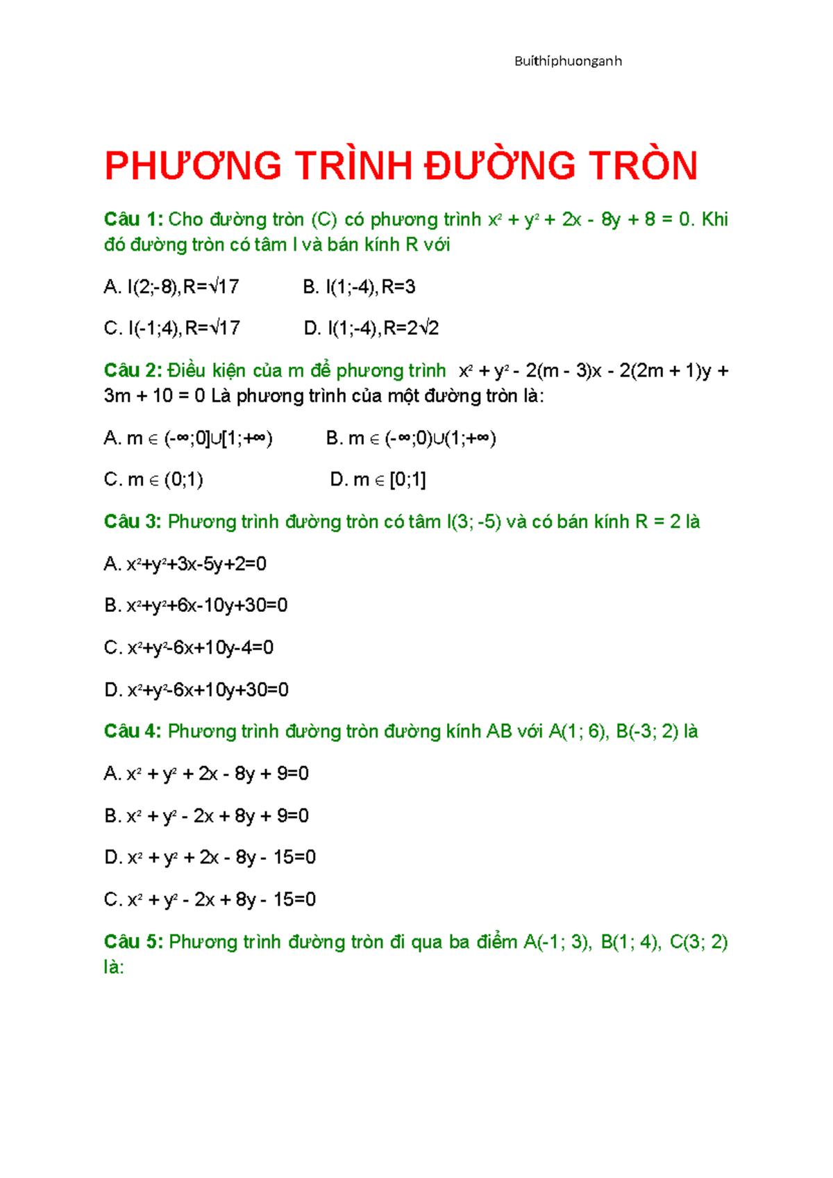 PHƯƠNG Trình ĐƯỜNG TRÒN - PHƯƠNG TRÌNH ĐƯỜNG TRÒN Câu 1: Cho đường tròn ...