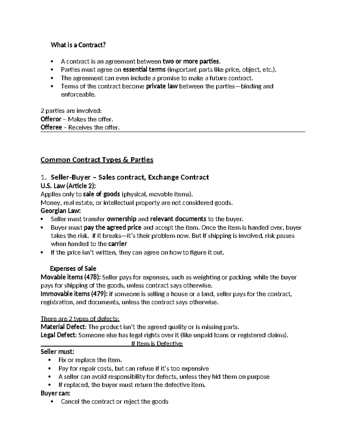 BL 5 - Summary of Contract Law Principles and Types in Georgia - Studocu