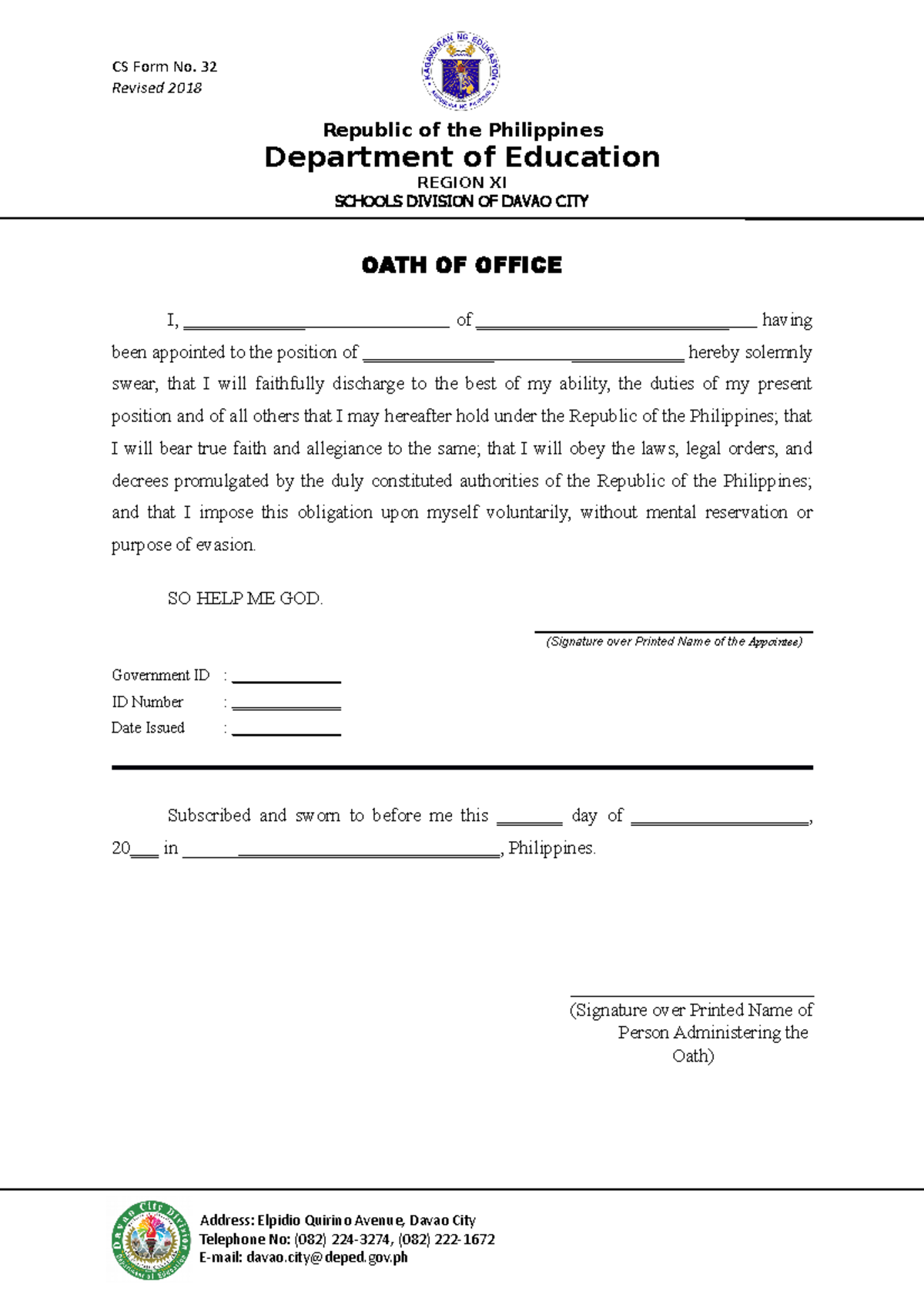 CS Form No. 32 Oath of Office - Revised 2018 Documentation - Studocu
