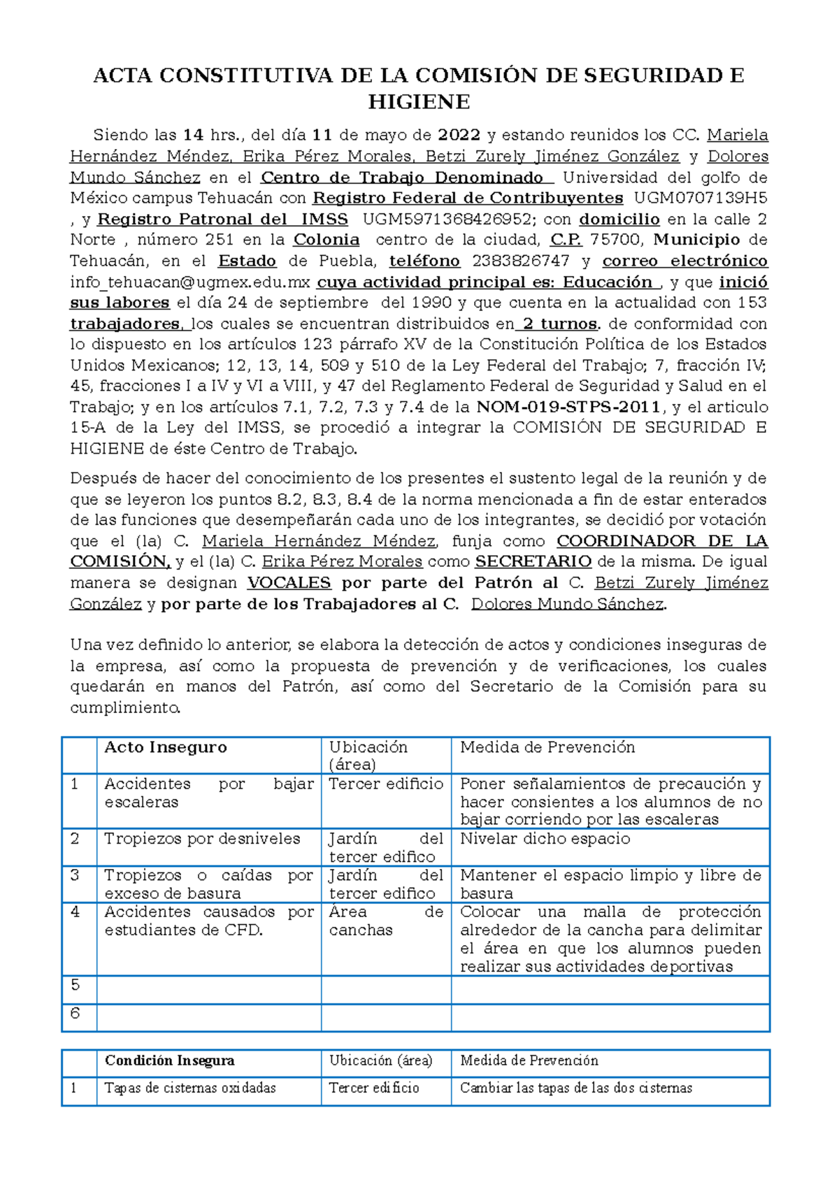ACTA Constitutiva de la Comisión de Seguridad e Higiene - UGM - Studocu