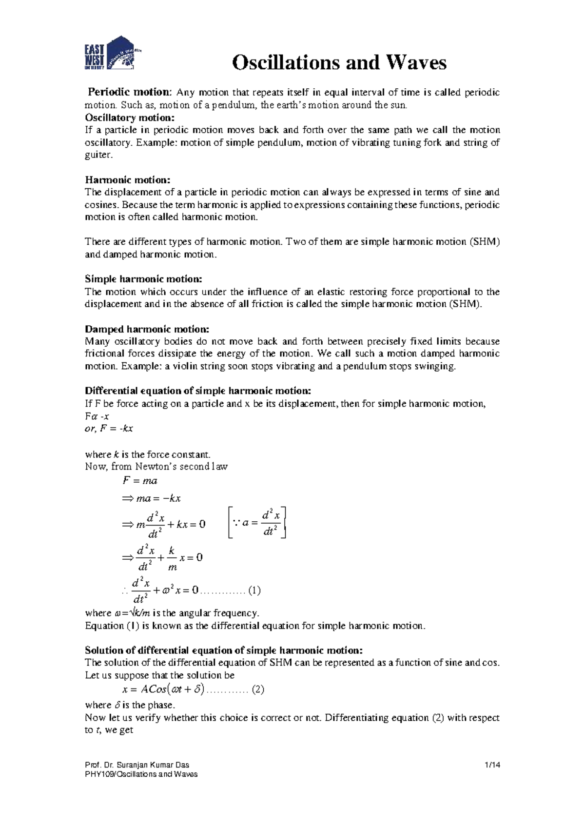 **PHYS 101: Lecture Notes on Oscillations and Waves** - Studocu