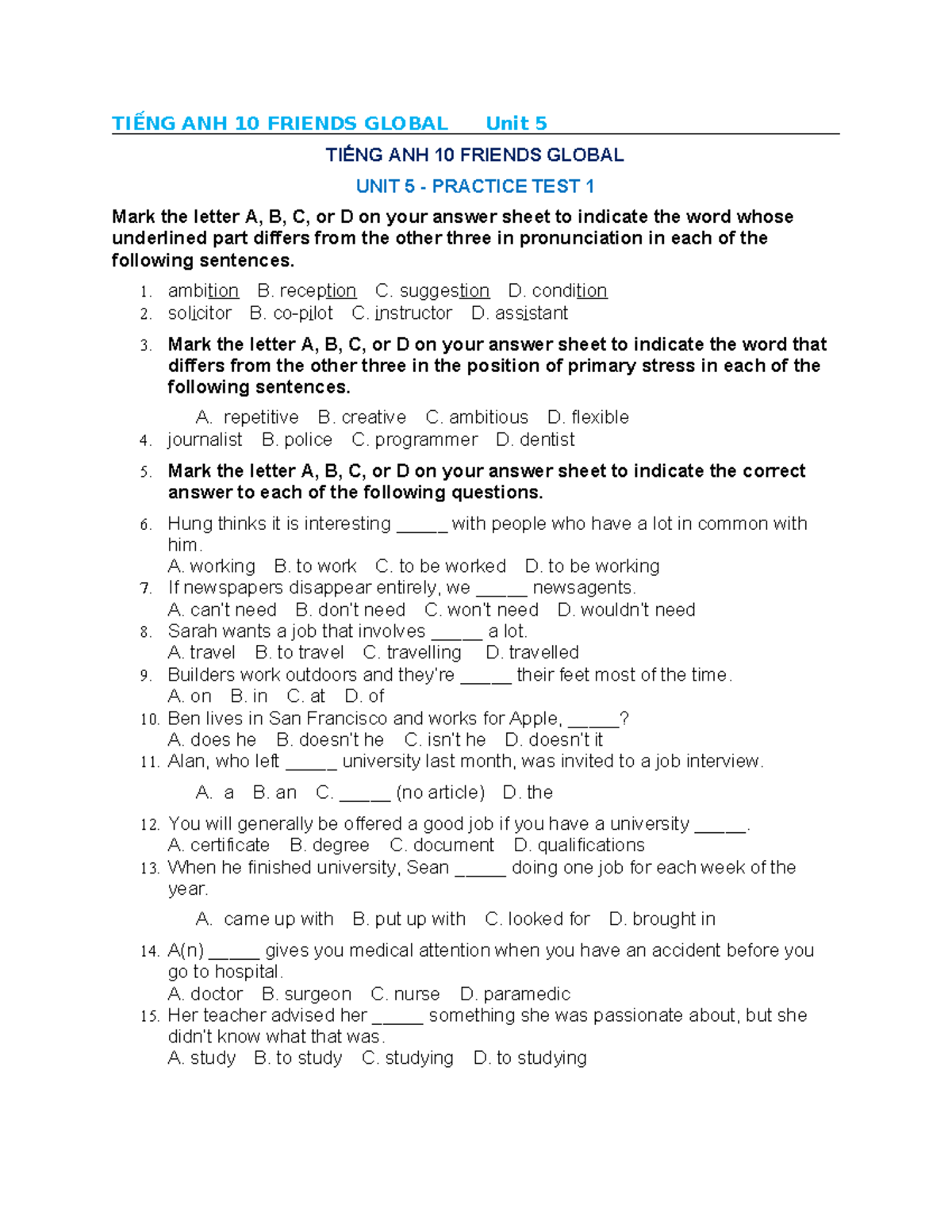 TIẾNG ANH 10 FRIENDS GLOBAL Unit 5 - Practice Test 1 - Studocu