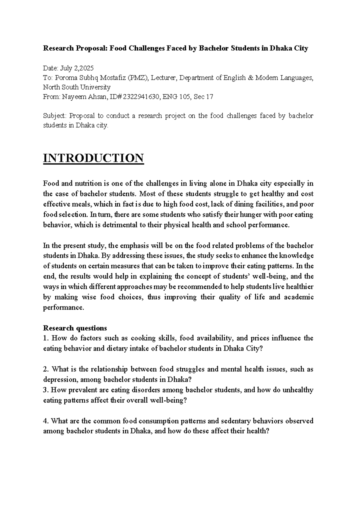 ENG 105 Research Proposal: Food Challenges for Bachelors in Dhaka - Studocu