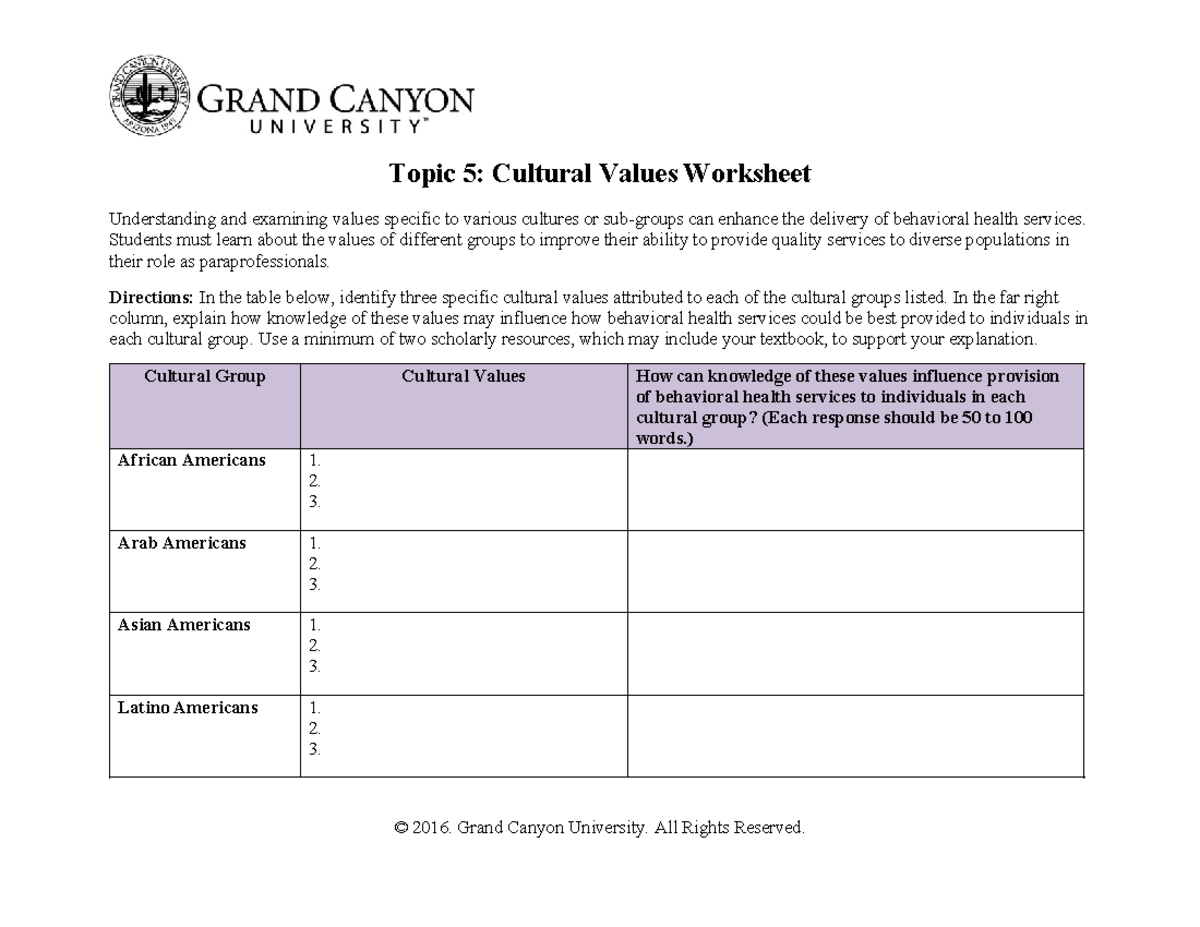 BHS-330: Cultural Values Worksheet for Behavioral Health Services - Studocu