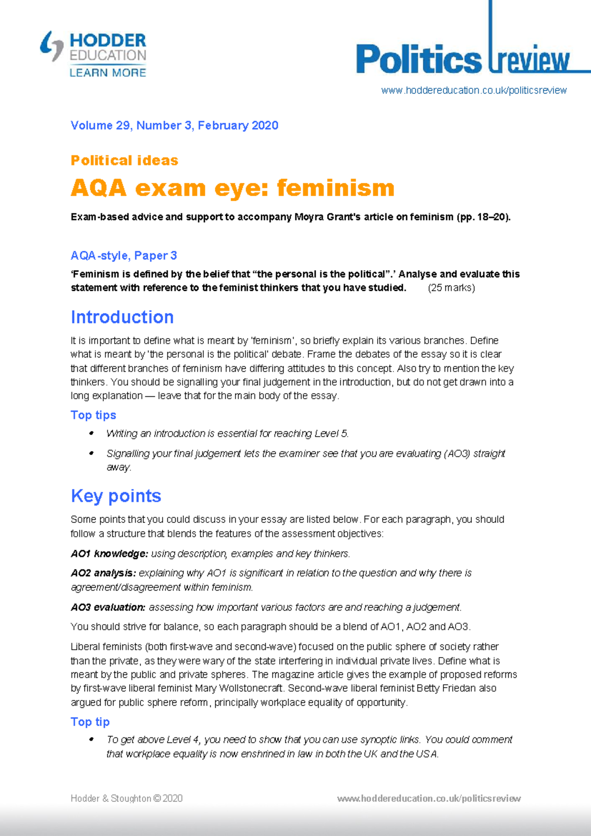 Politics Review 29 3 Ideas Feminism - hoddereducation.co/politicsreview ...