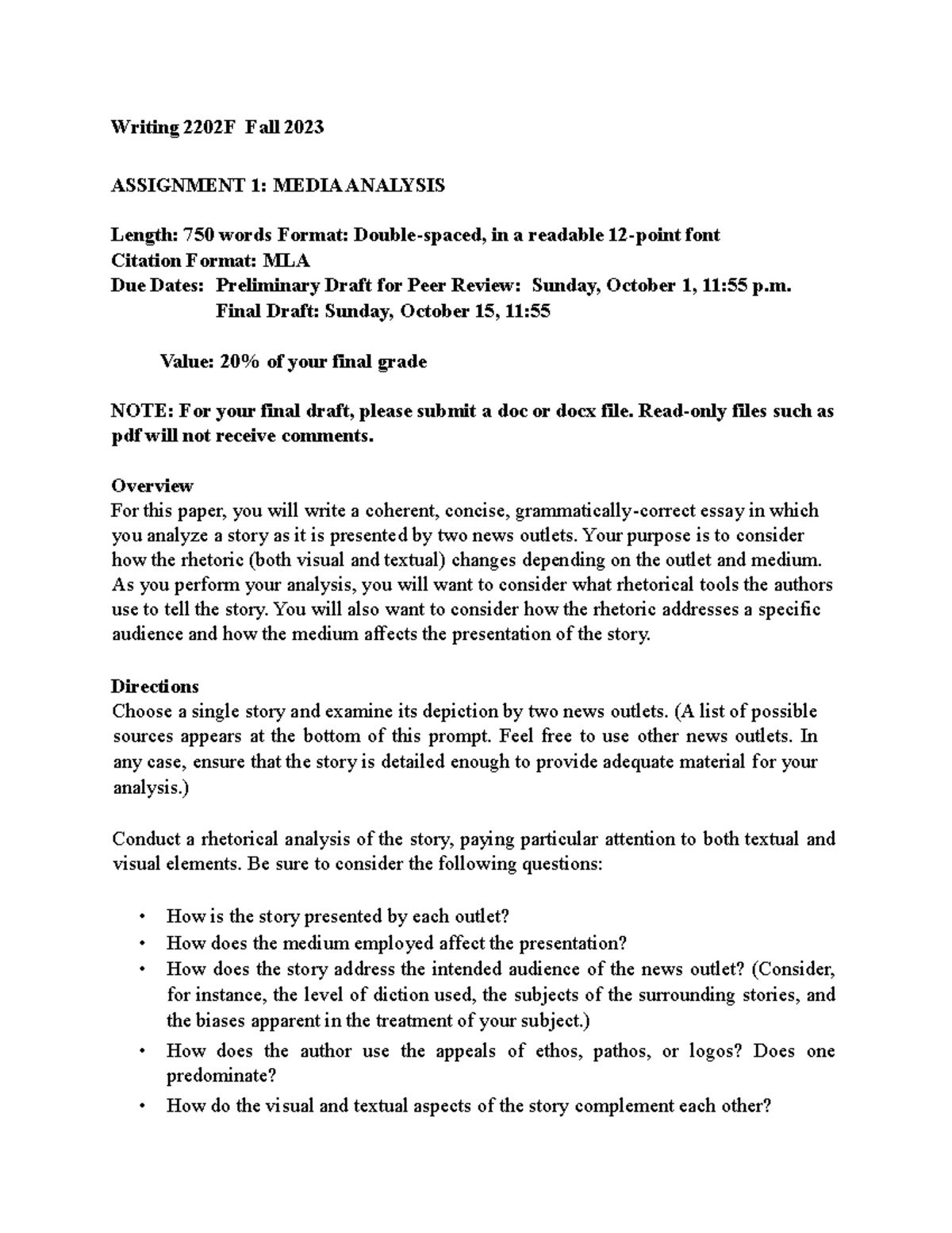2202F Fall 2023 Assignment 1 Media Analysis - Writing 2202F Fall 2023 ...