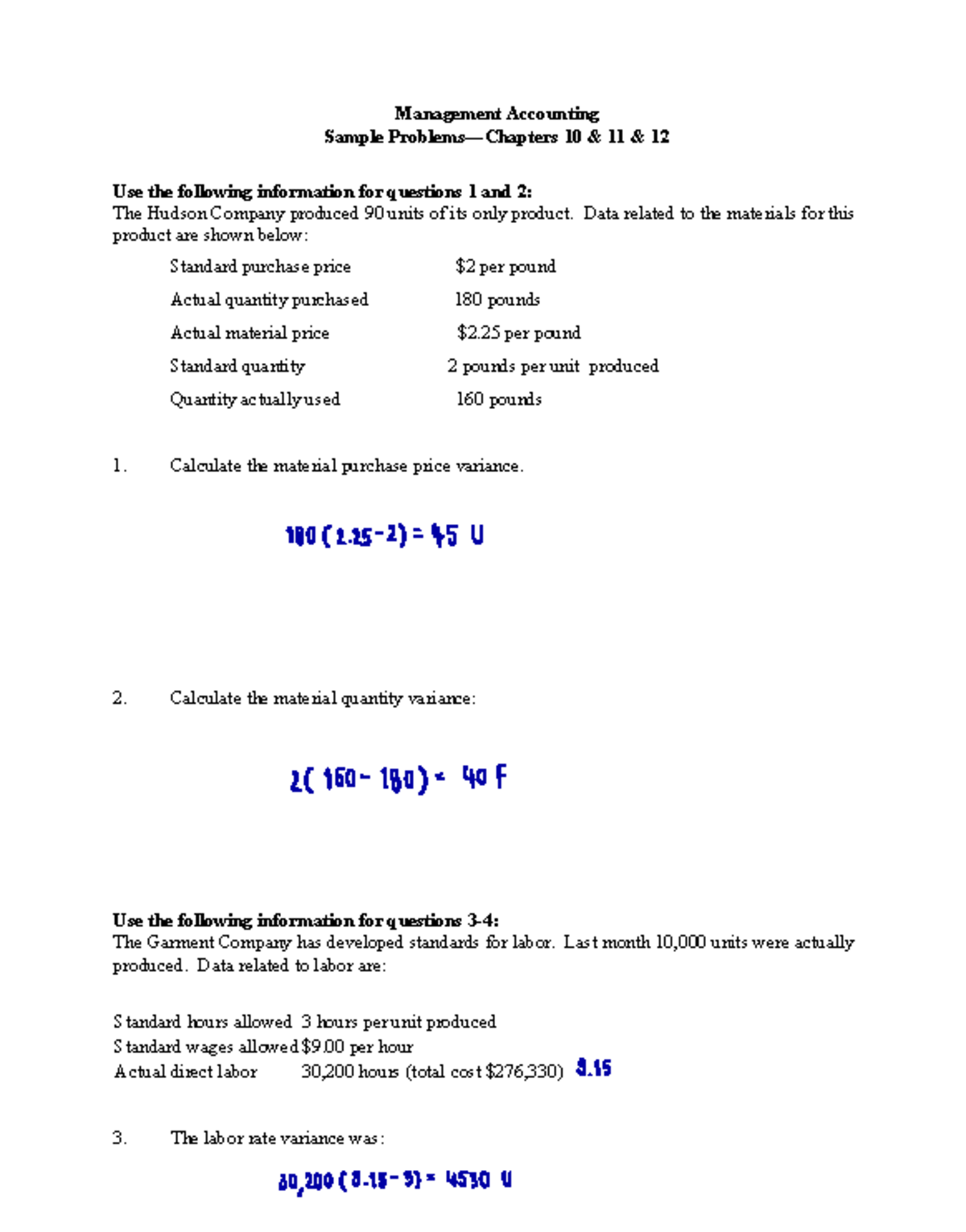 Final Exam Sample Problems for Management Accounting (Chs 10-12) - Studocu