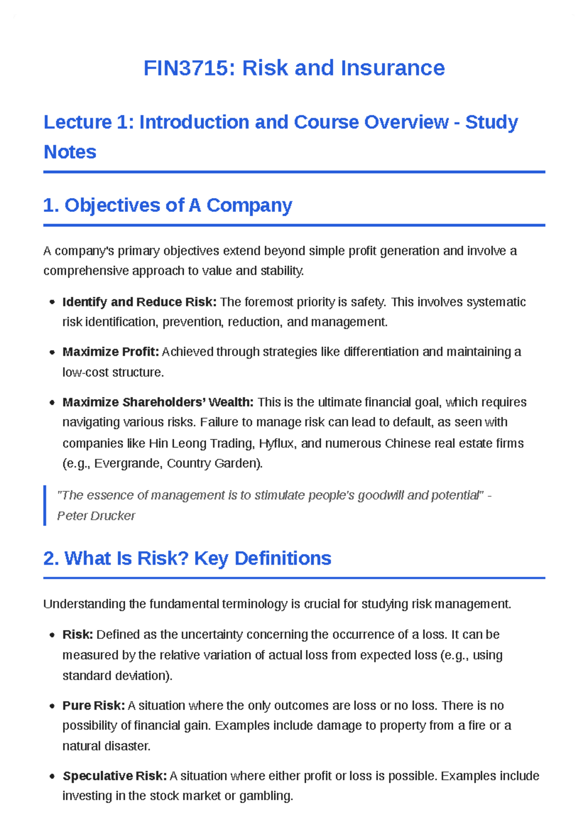 FIN3715: Risk and Insurance Lecture 1 Study Notes on Risk Management ...