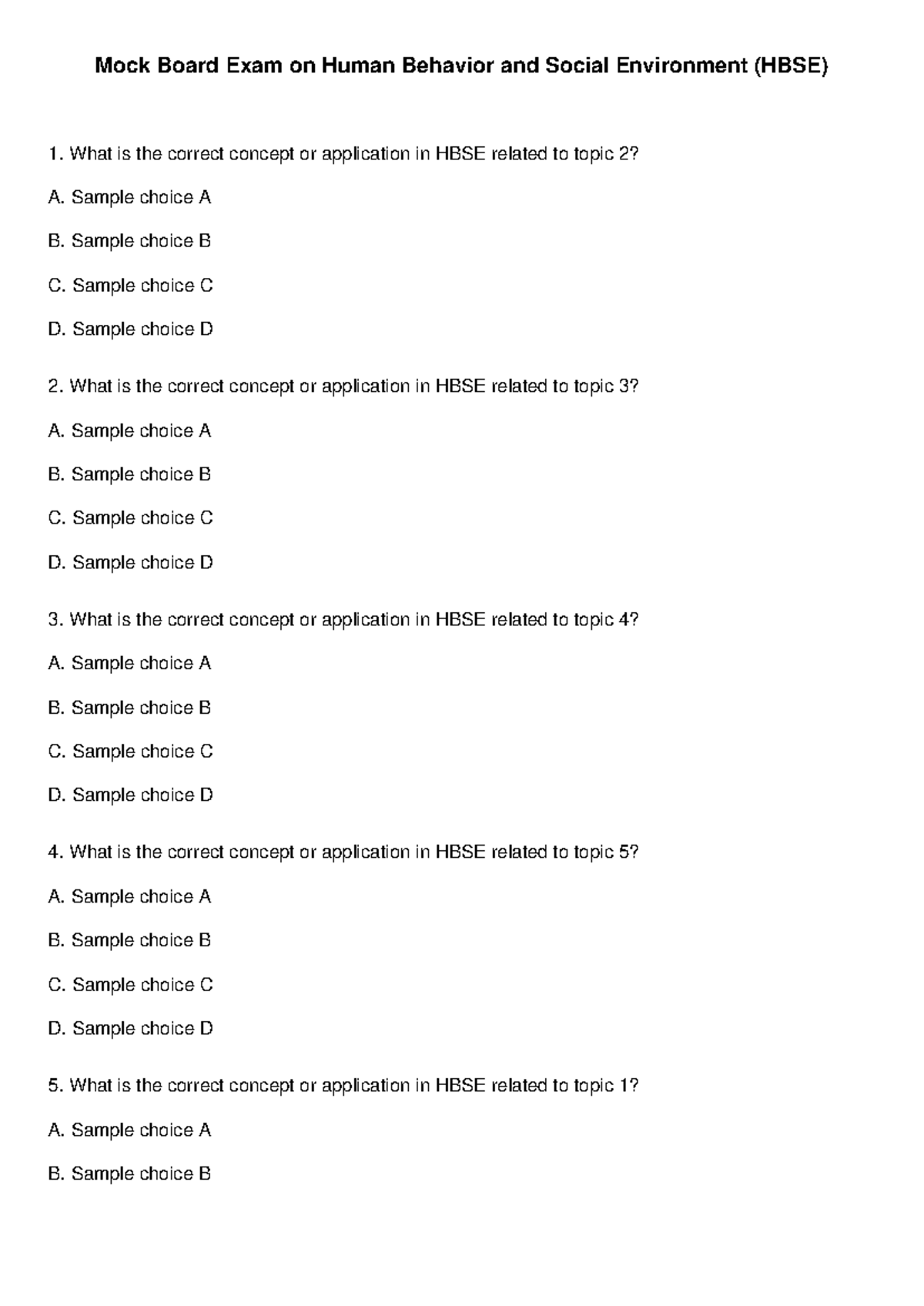 HBSE Mock Exam: 100 Questions on Human Behavior Concepts - Studocu