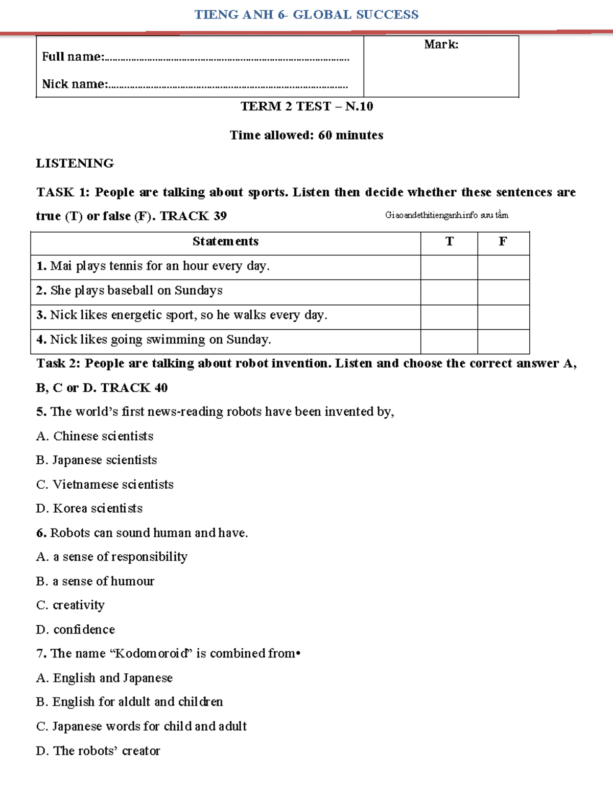 GB6 CUỐI KY 2 N - Practice Materials for TERM 2 TEST N - Studocu