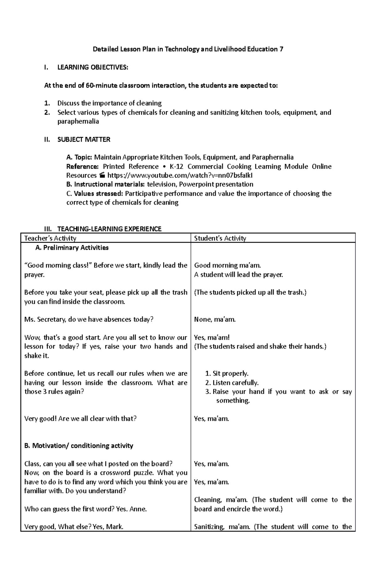 Detailed Lesson Plan: Kitchen Tools & Cleaning (TLE 7) - Studocu