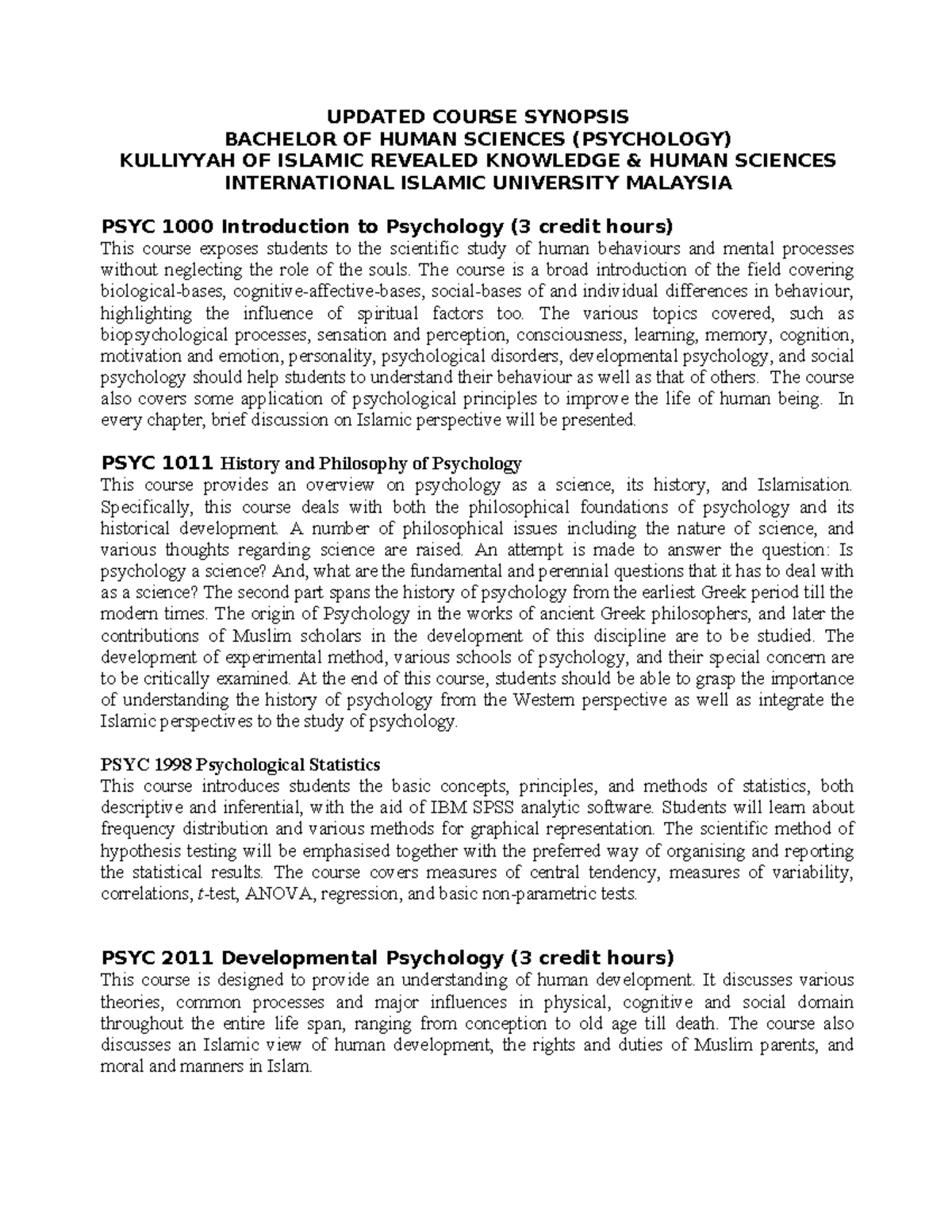 Psychology Course synopsis 071020 - UPDATED COURSE SYNOPSIS BACHELOR OF ...