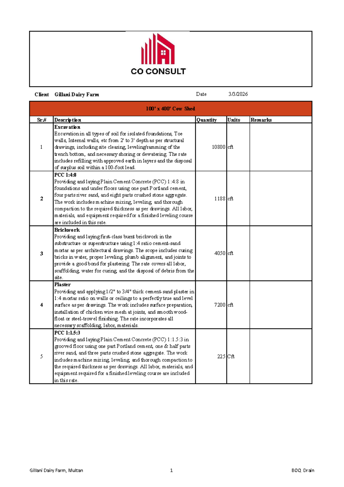 BOQ Drain - Gillani Dairy Farm Construction Details - Studocu