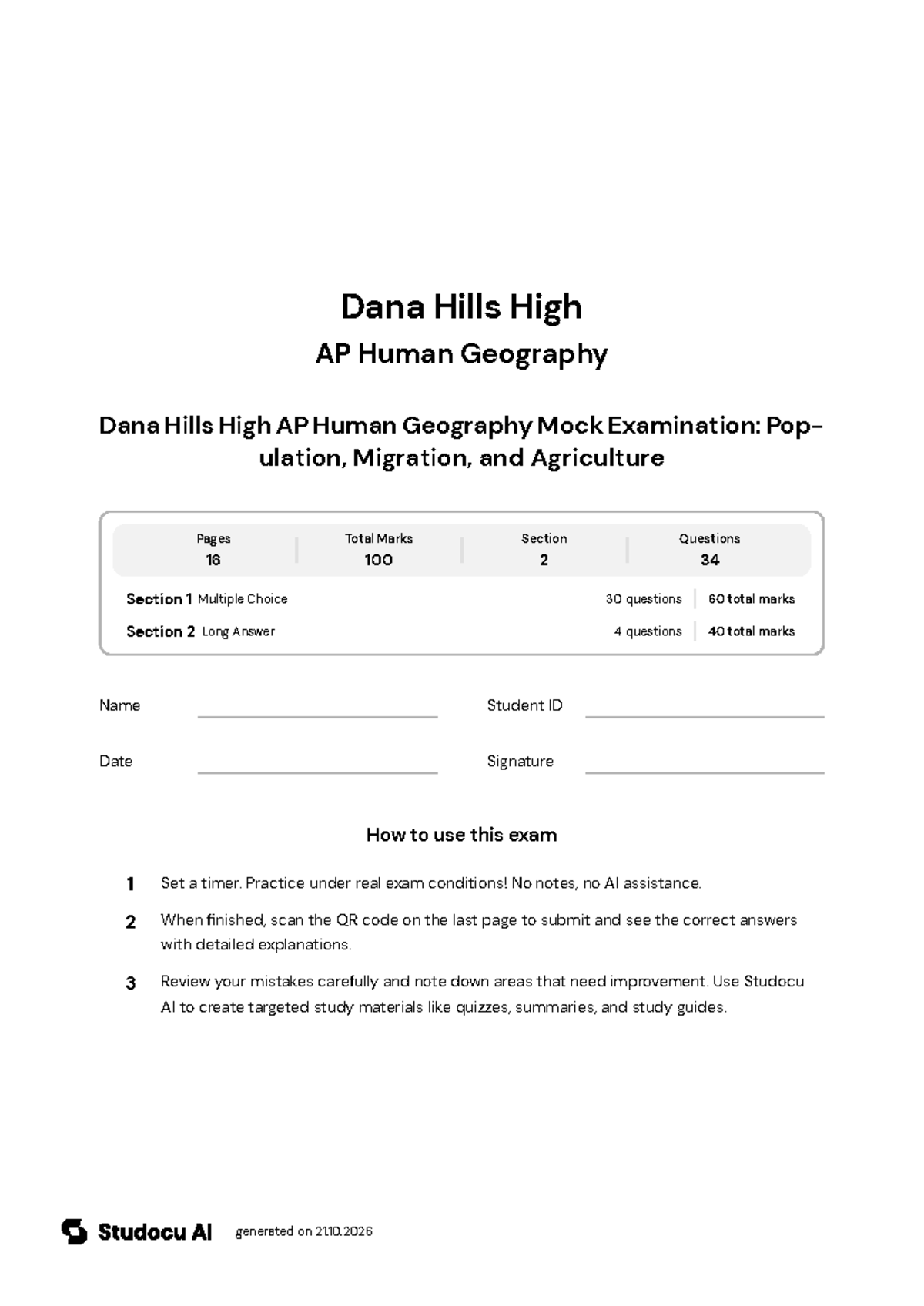 Dana Hills High AP Human Geography Mock Exam - Studocu