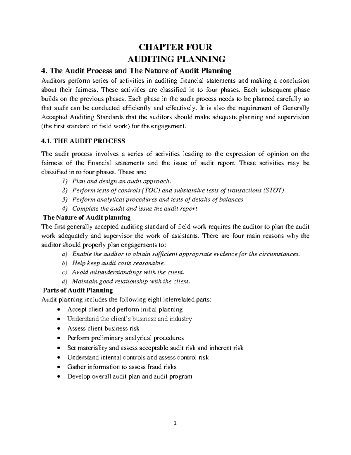 Audit I - Chapter 4: Detailed Lecture Notes on Audit Planning Process ...