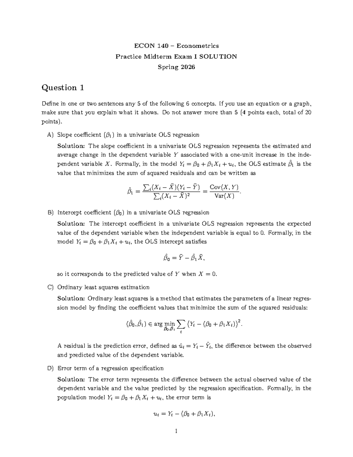 ECON 140 Econometrics Practice Midterm Exam I Solutions Spring 2026 ...