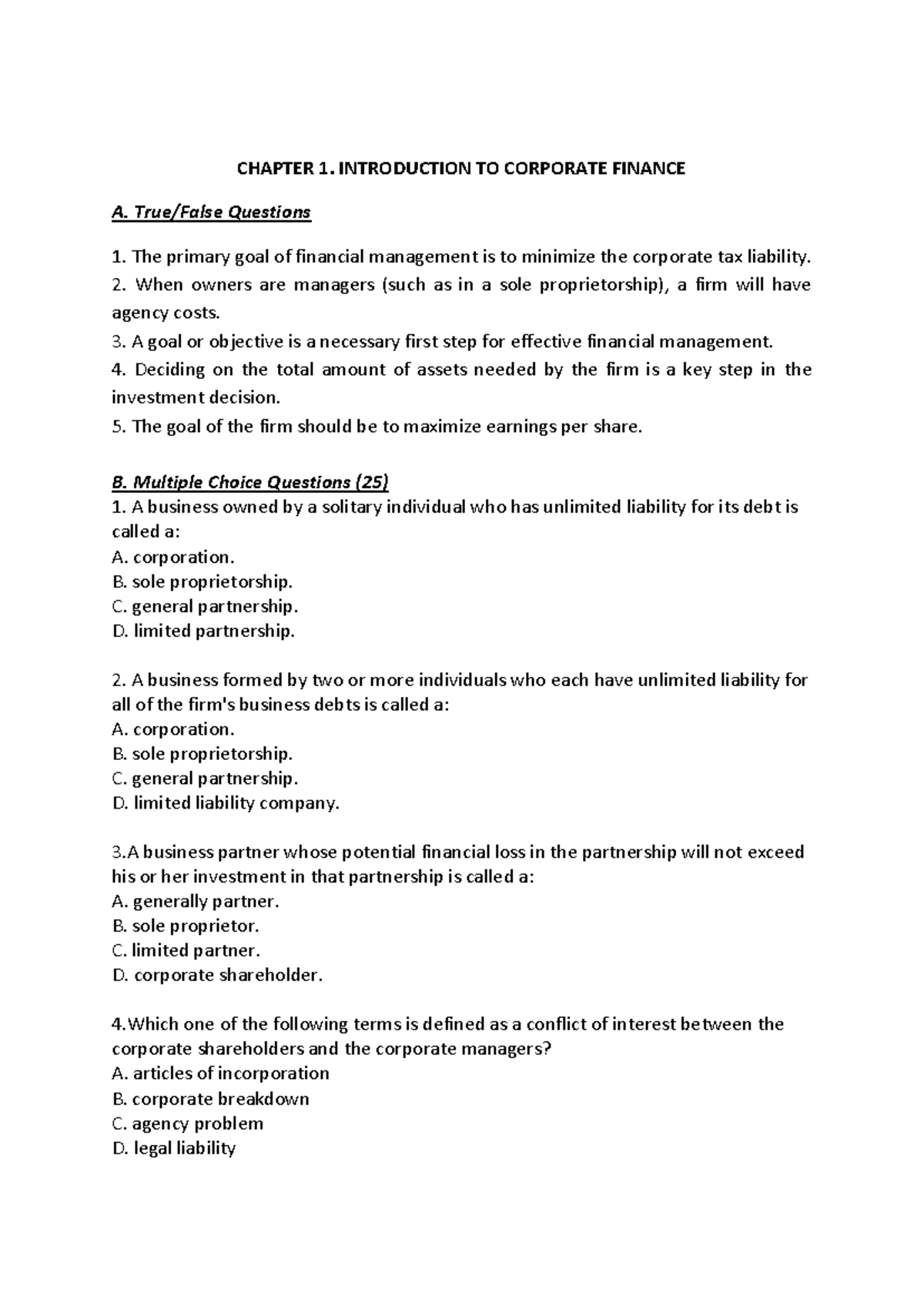 CHAPTER 1: INTRODUCTION TO CORPORATE FINANCE - Key Concepts & Questions ...
