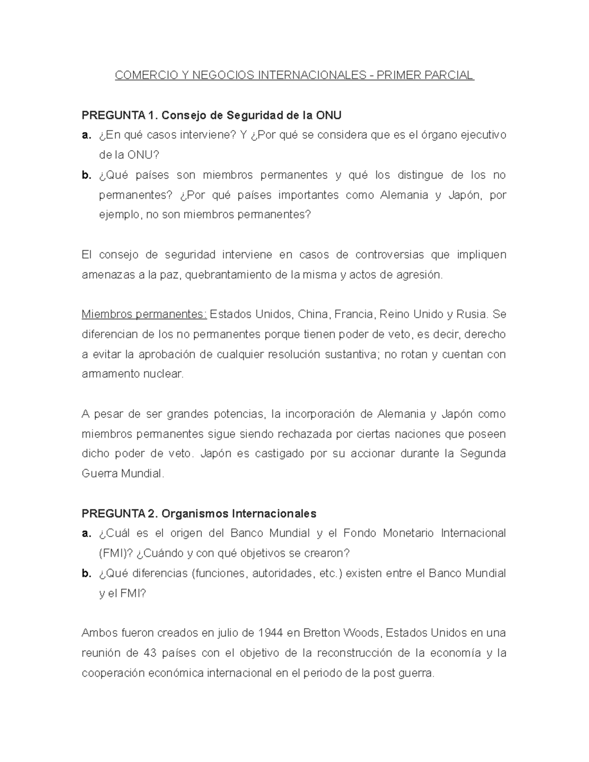 PRIMER PARCIAL: COMERCIO Y NEGOCIOS INTERNACIONALES 2023 - Document Preview