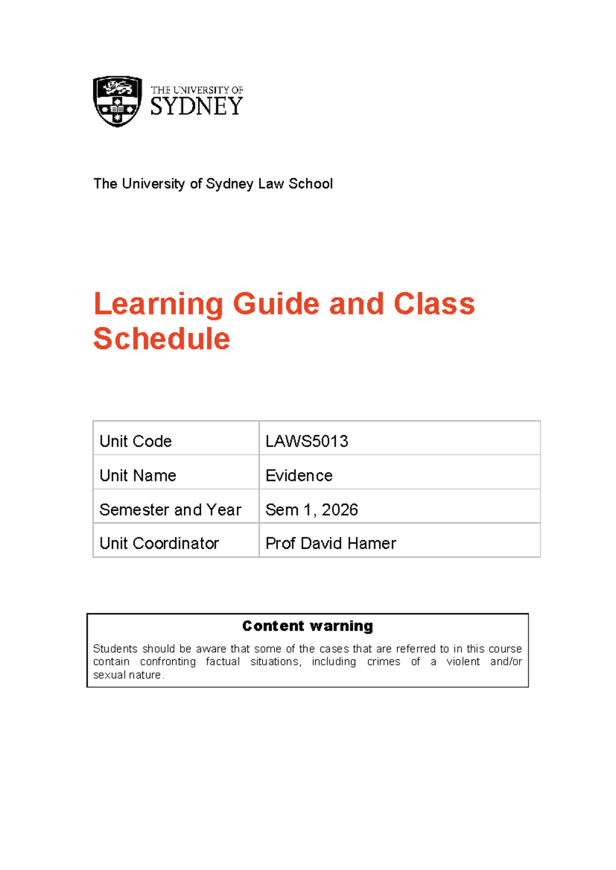 Evidence Law Learning Guide & Class Schedule (LAWS5013) Sem 1, 2026 ...