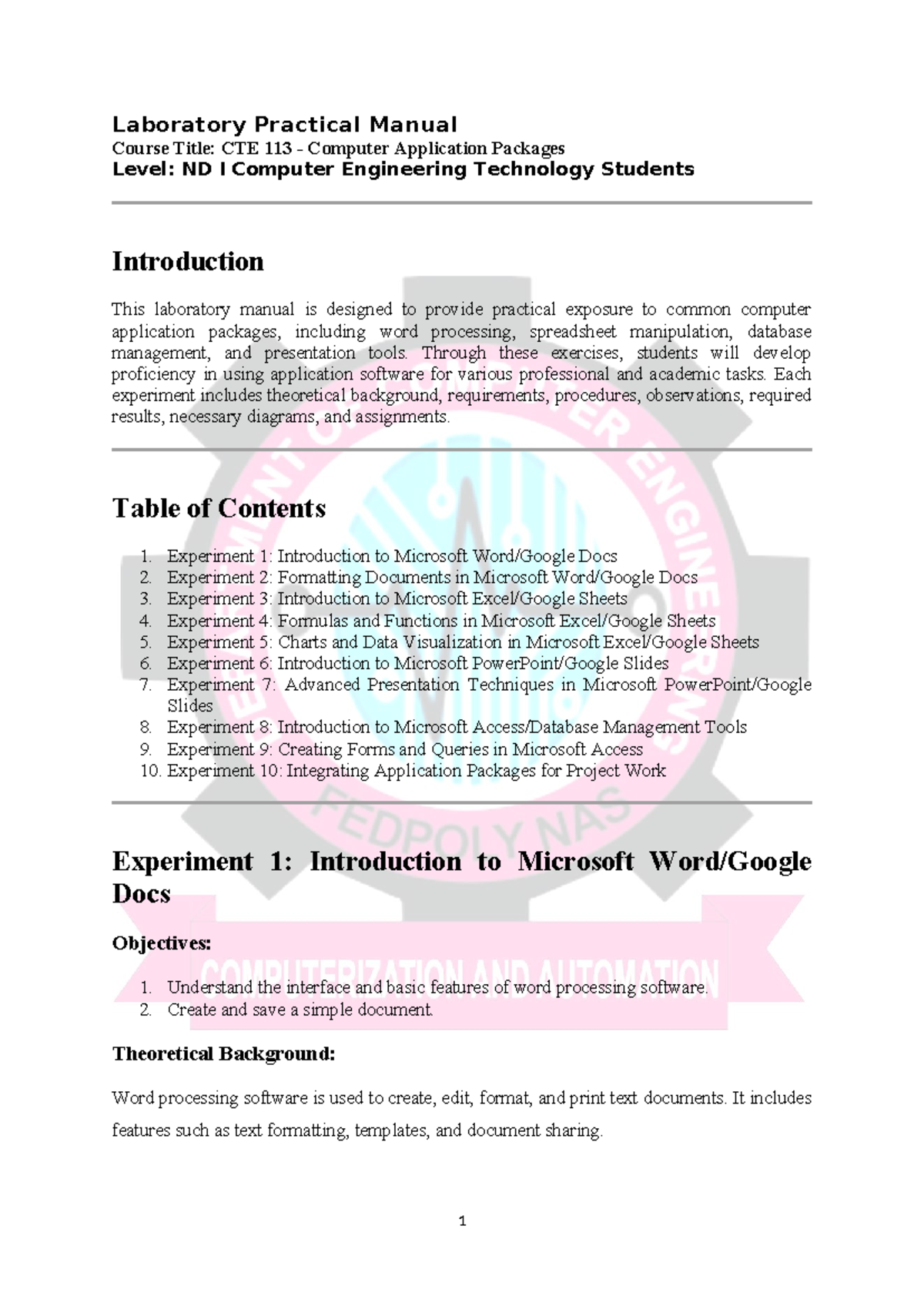 CTE 113 - Laboratory Practical Manual for Computer Applications - Studocu