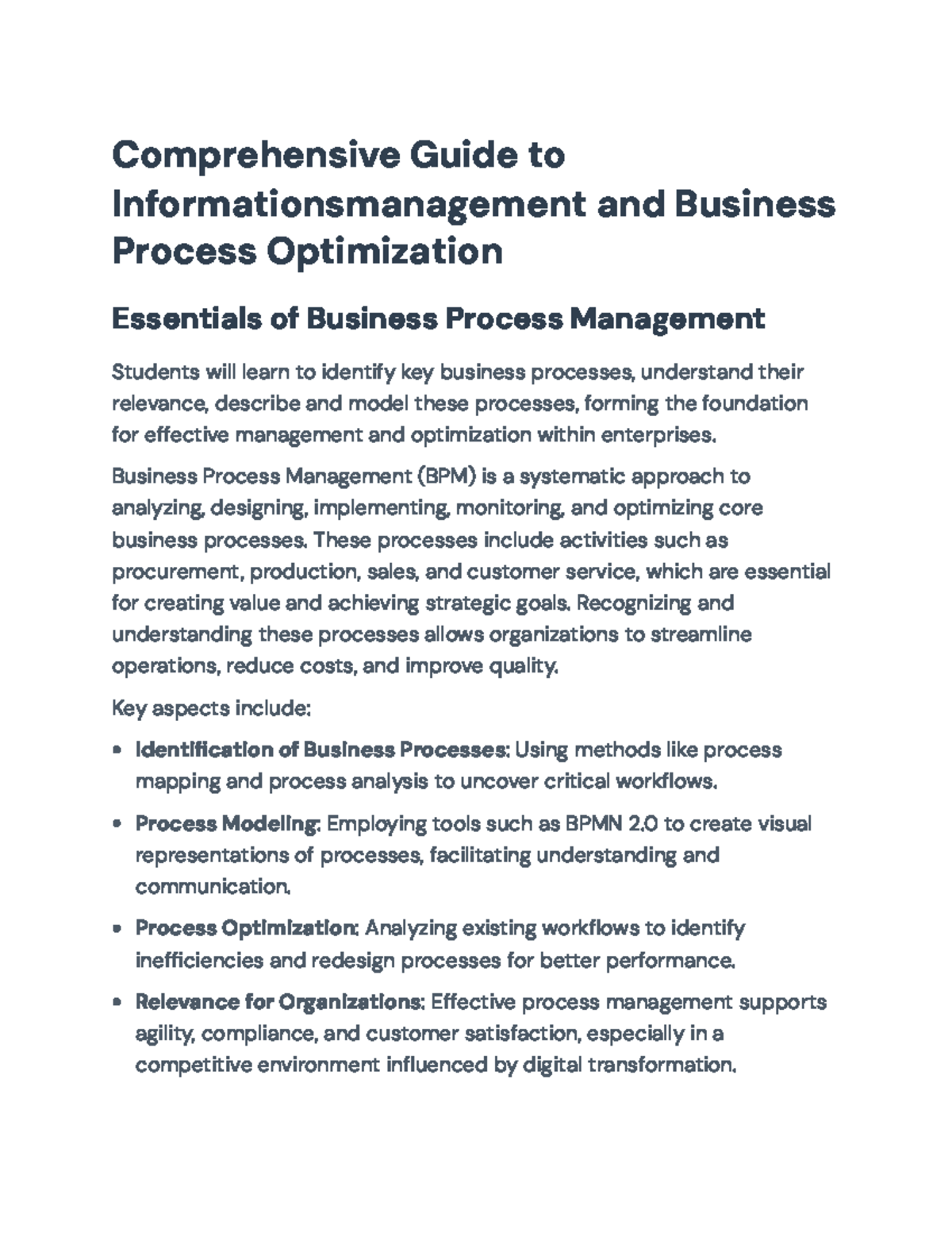 Comprehensive Guide to IM & Business Process Optimization (BPM) - Studocu