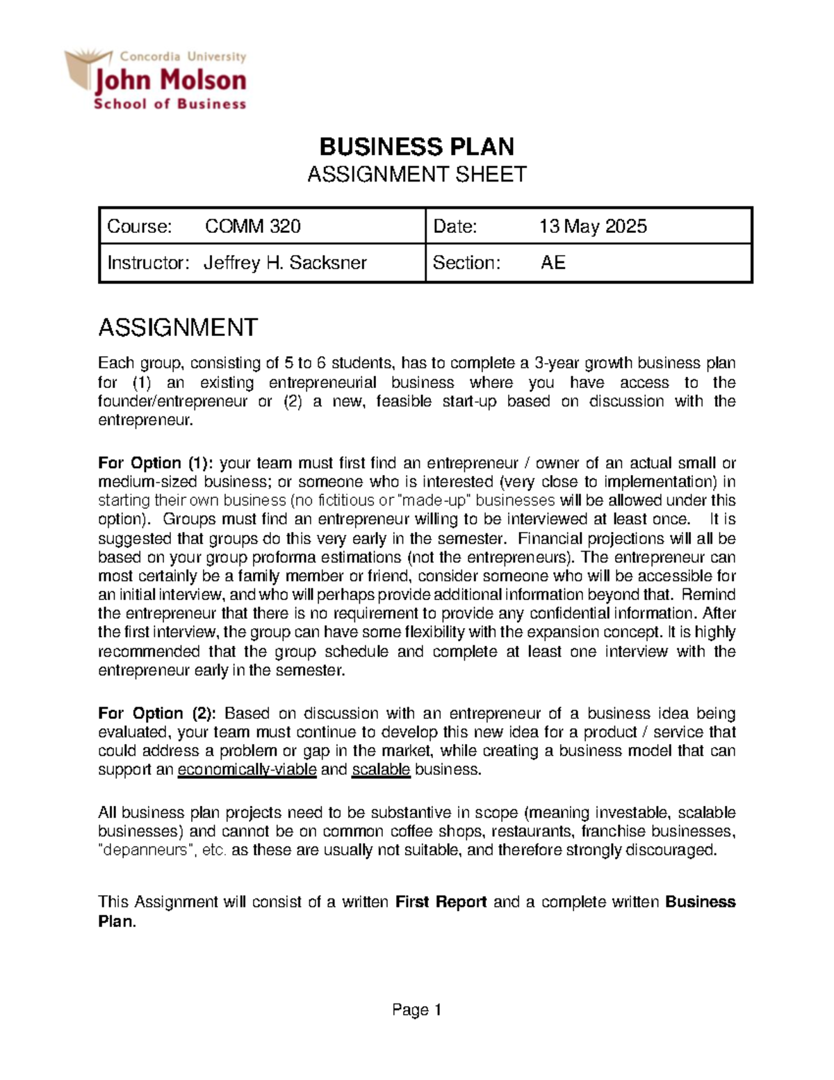 Business Plan Assignment Guidelines for COMM 320 S2025 AE - Studocu