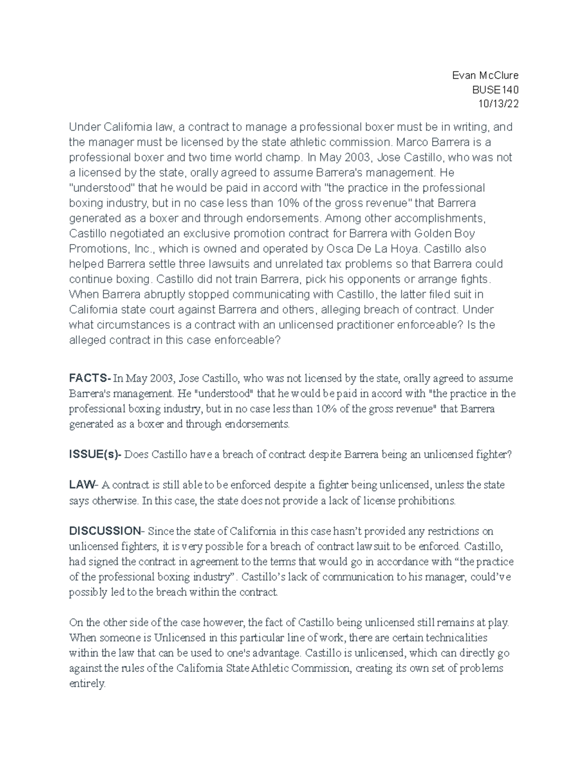 Ch. 9 - BUSE 140, Business Law Case Study: Contracts & Minors Issues ...