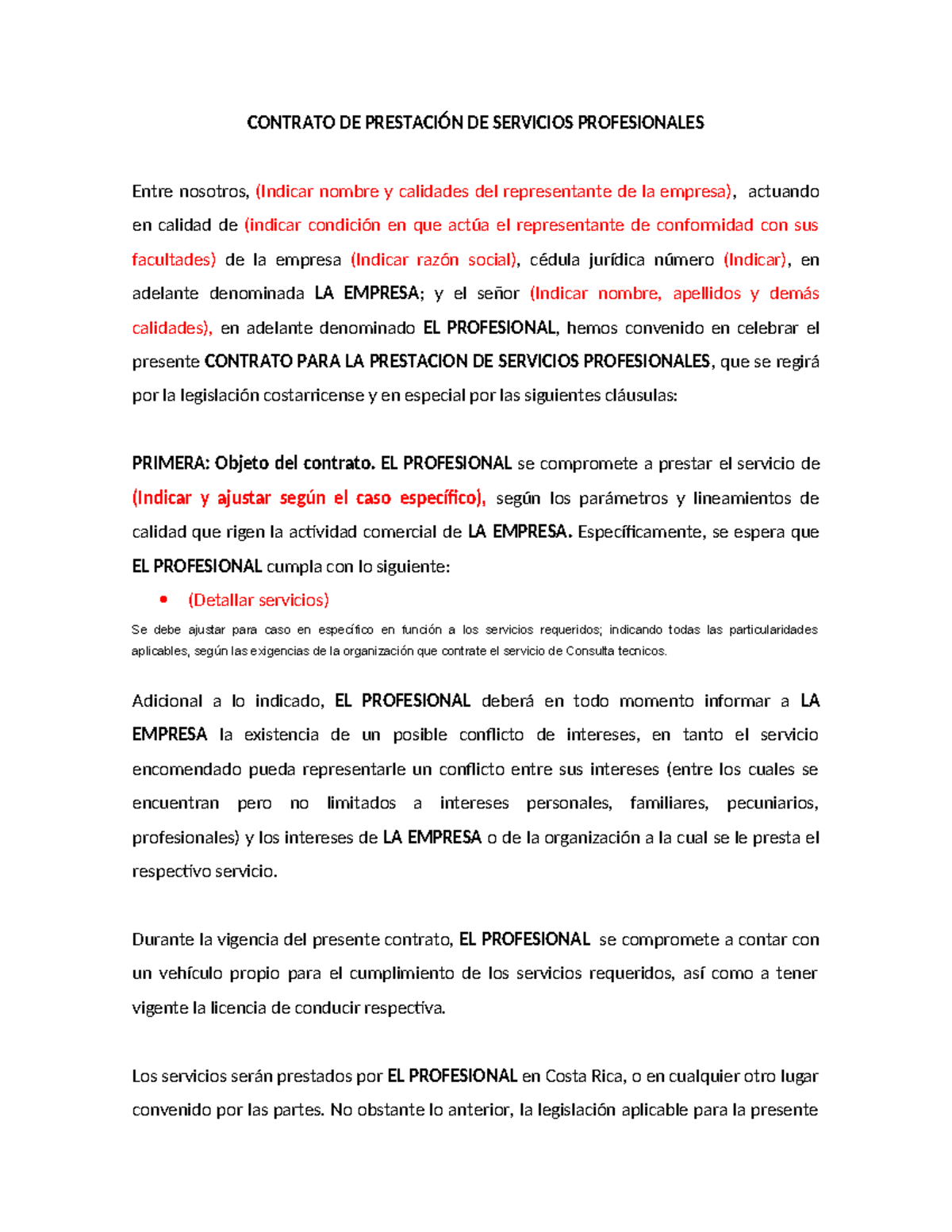 Contrato para Prestación de Servicios Profesionales en Costa Rica - Studocu