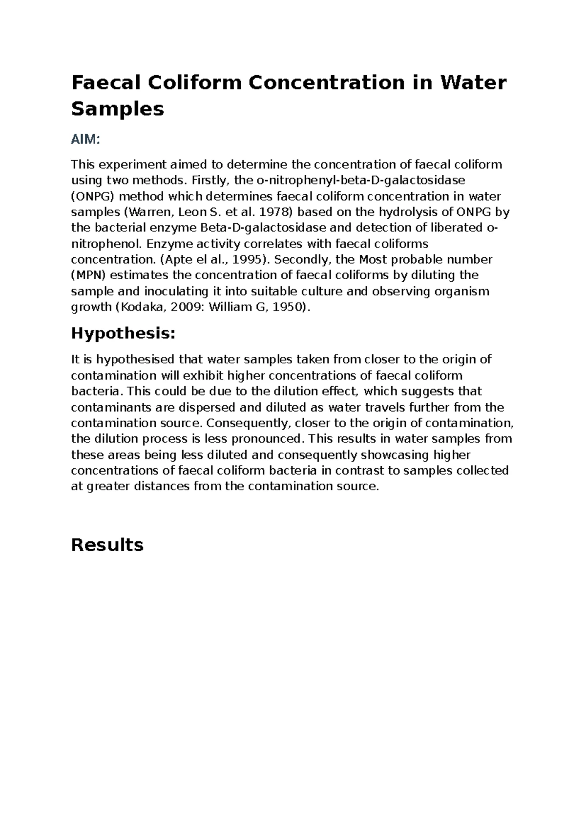 Lab 1: Microbial Water Testing Results - Faecal Coliform Analysis - Studocu