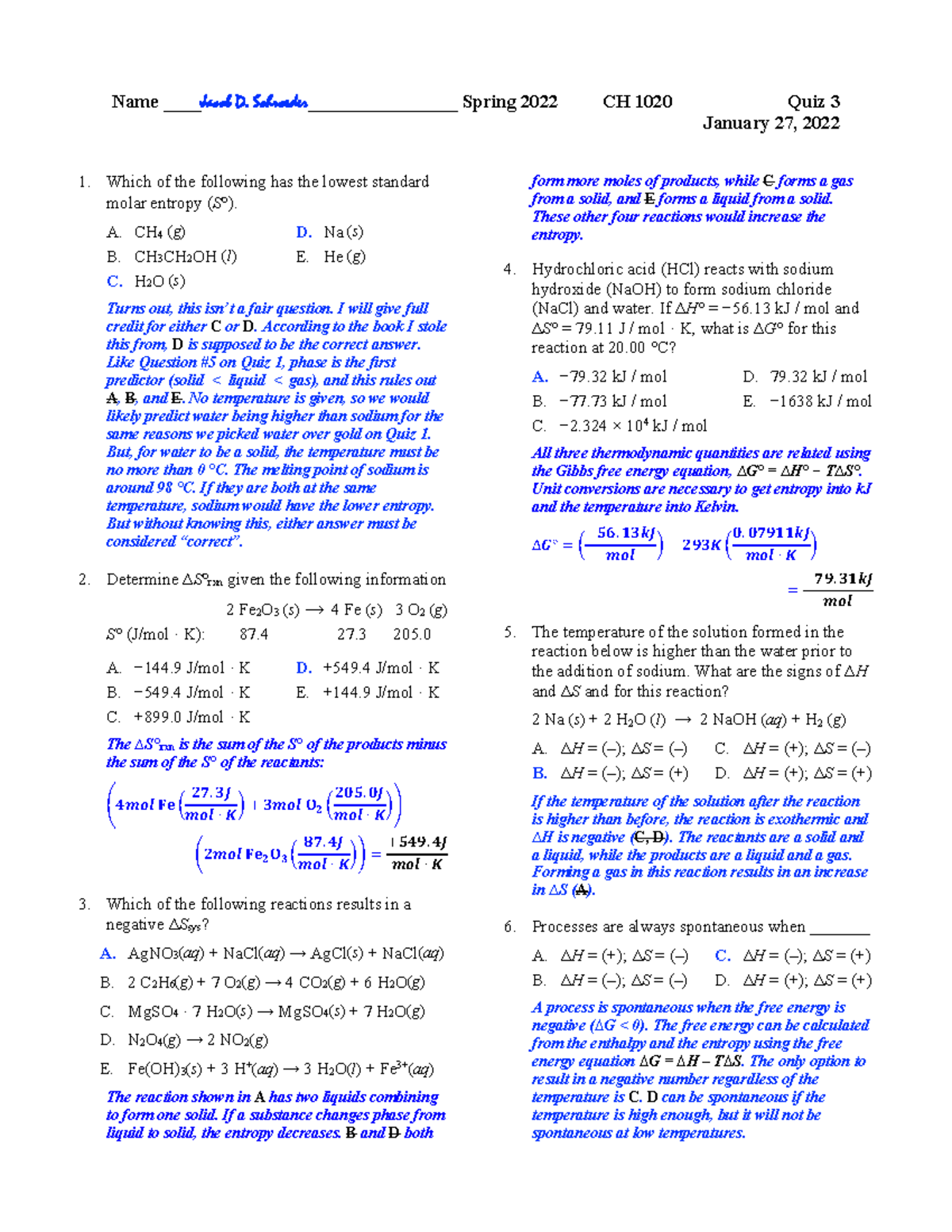 Sp22 CH1020 Quiz 3 Answer Key and Solutions - Studocu
